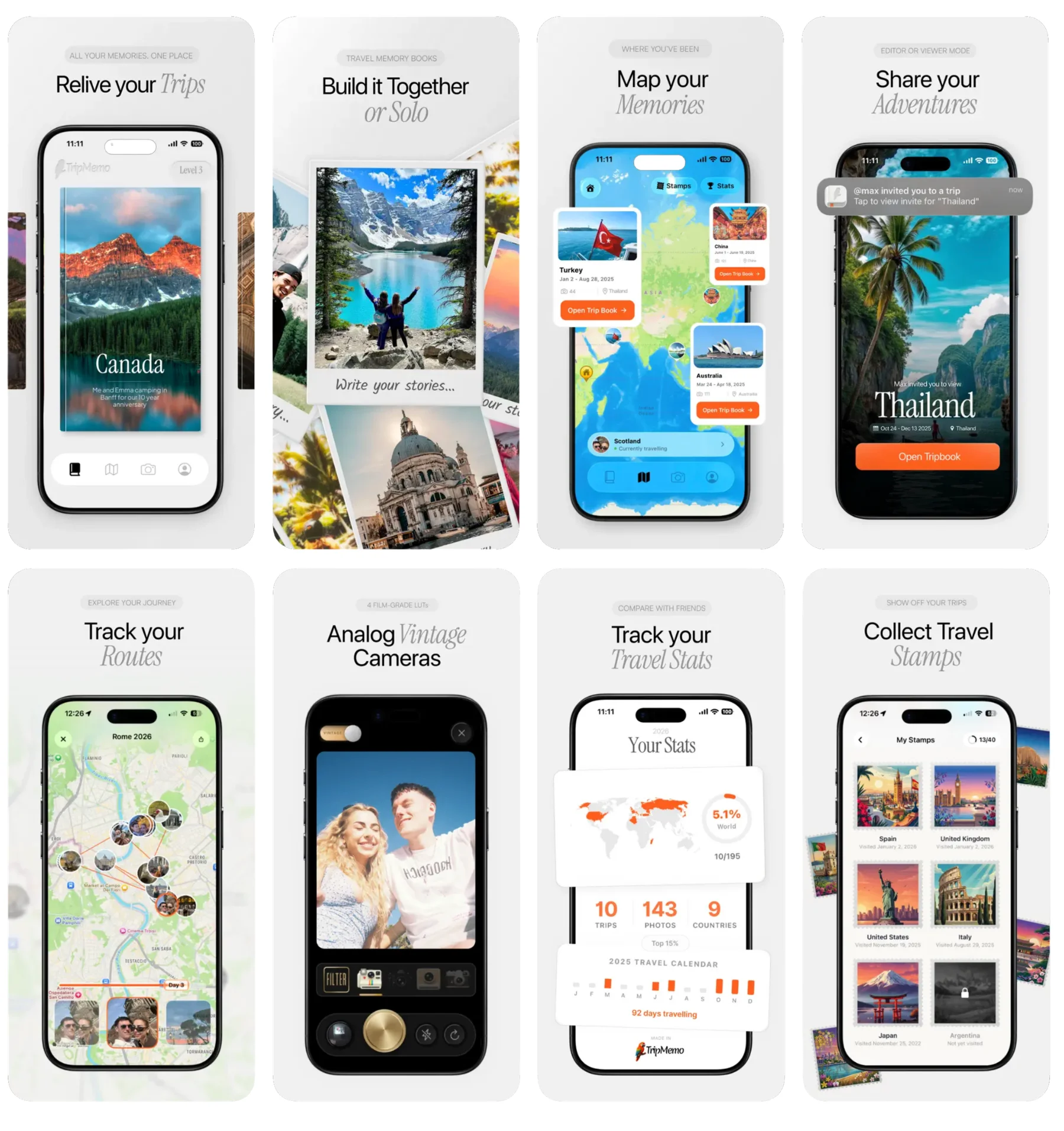 TripMemo app screenshots — home, TripBook, map, and collaboration views