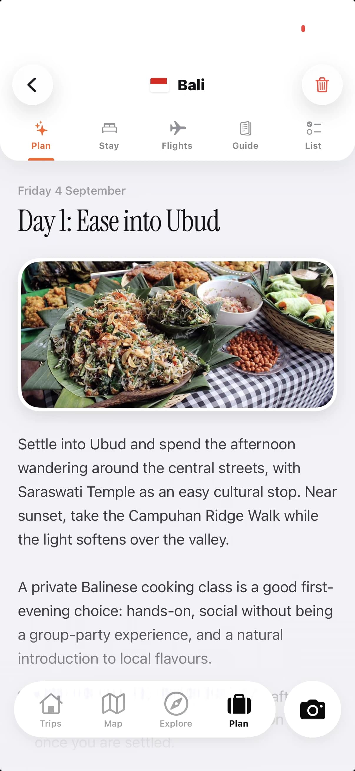 TripMemo personalised Bali itinerary showing day-by-day activities