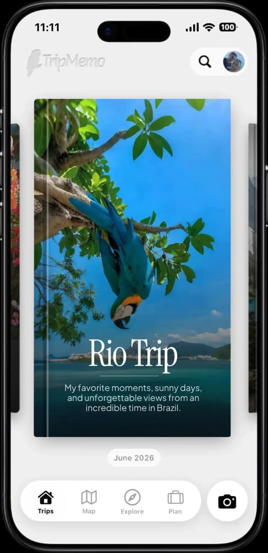 A Rio digital travel TripBook open in the TripMemo app on iPhone