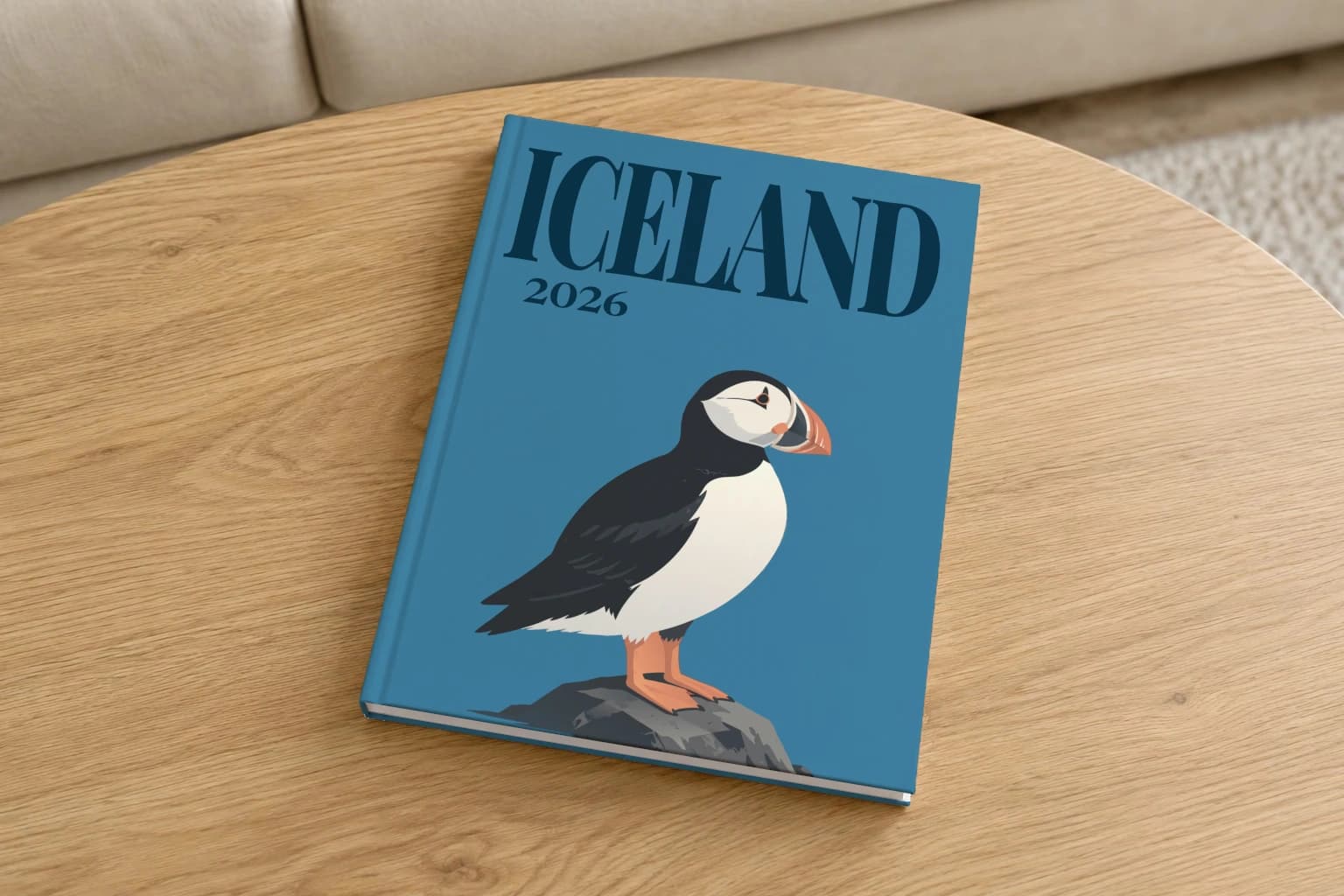 Iceland hardcover photo book with the illustrated cover of the puffin, on a round oak coffee table in a bright living room