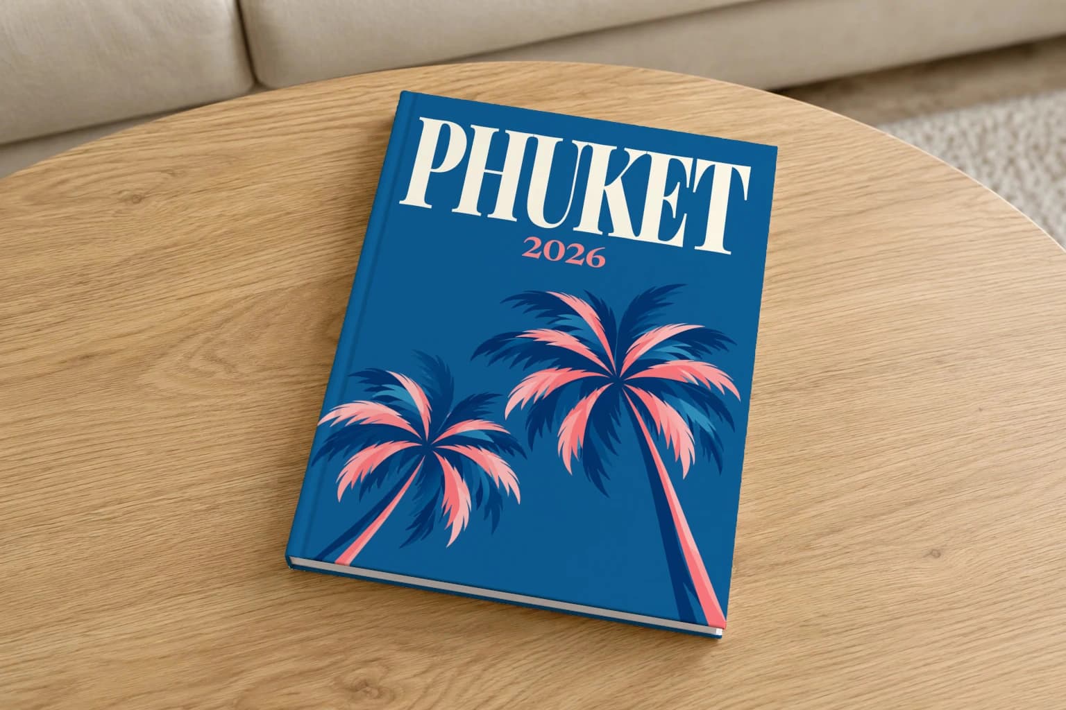 Phuket hardcover photo book with the illustrated cover of the palms, on a round oak coffee table in a bright living room