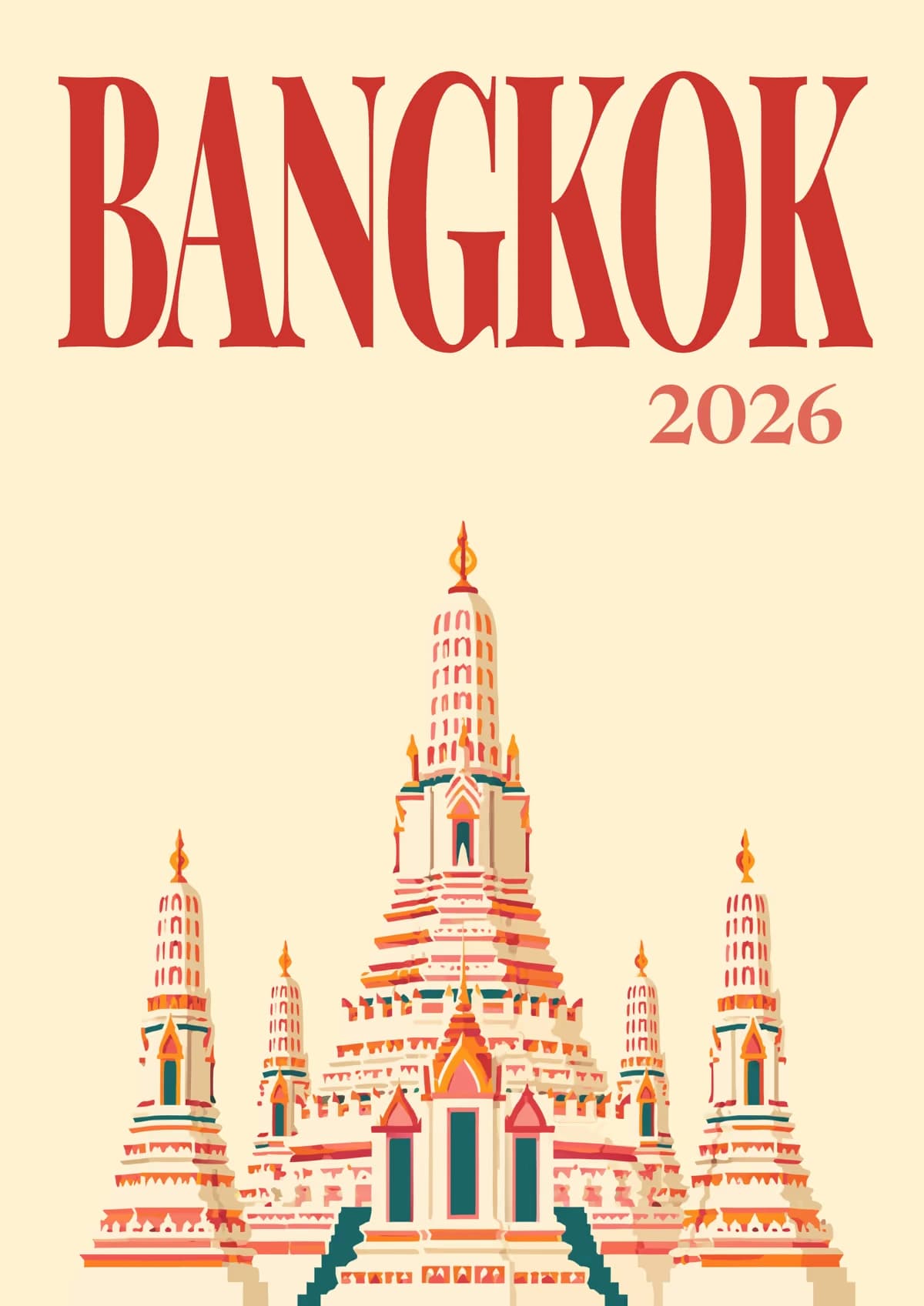 Bangkok illustrated travel photo book cover with the Wat Arun artwork