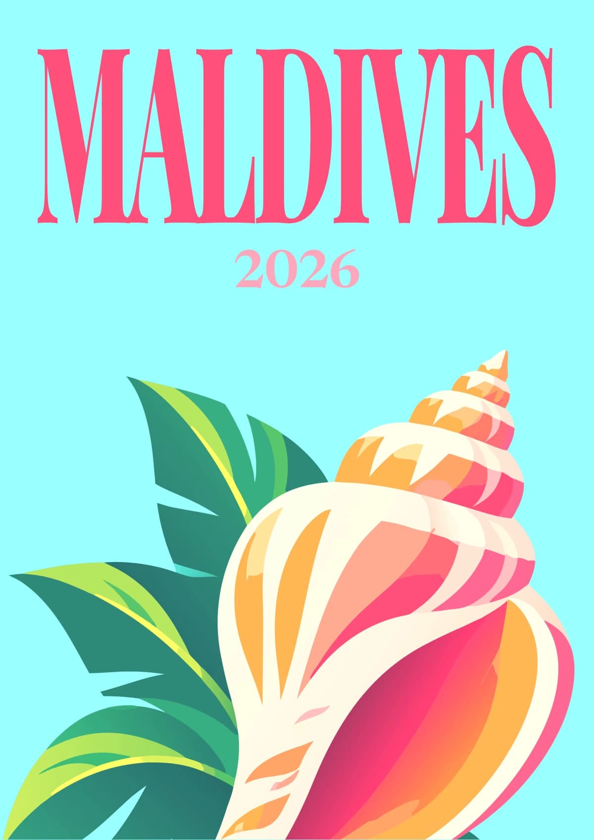 Maldives illustrated travel photo book cover with the conch shell artwork