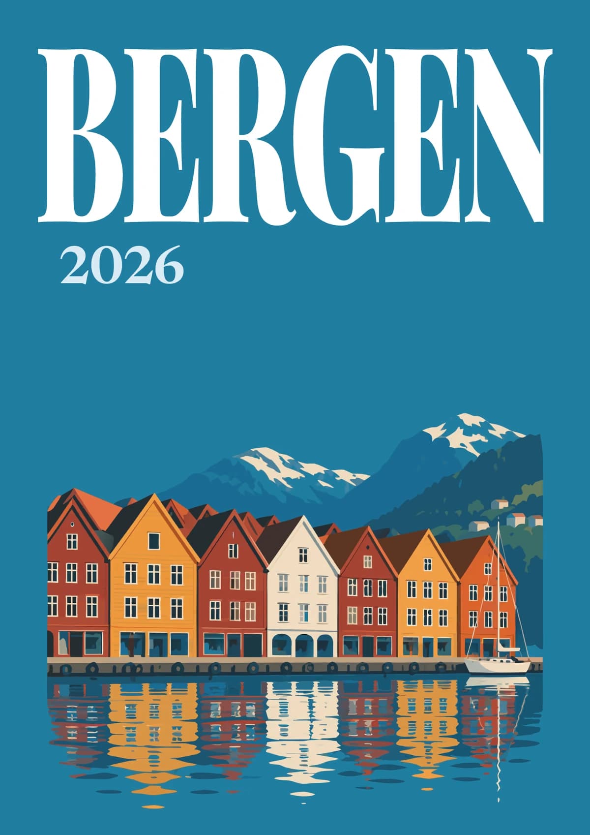 Bergen illustrated travel photo book cover with the Bryggen wharf artwork