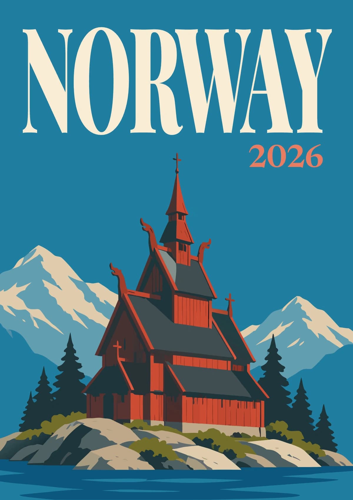 Norway illustrated travel photo book cover with the stave church artwork