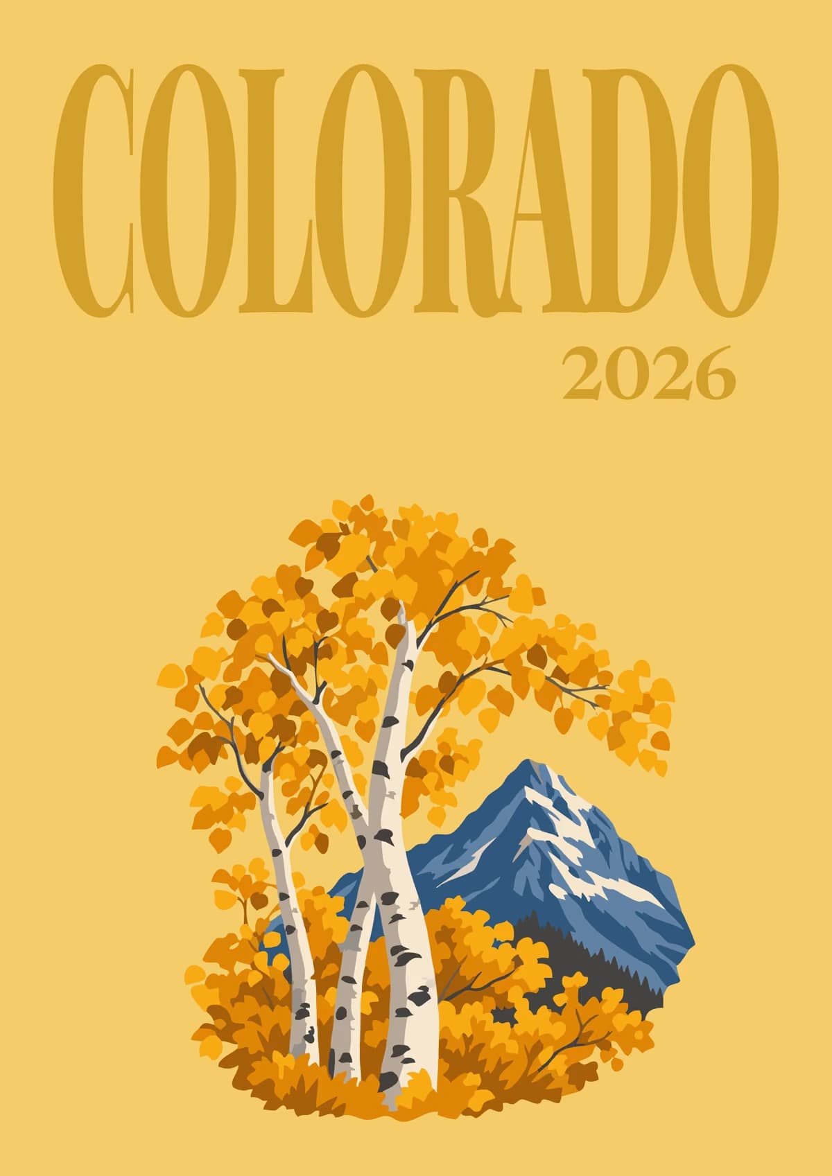 Colorado illustrated travel photo book cover with golden aspen trees and a snowy peak on yellow