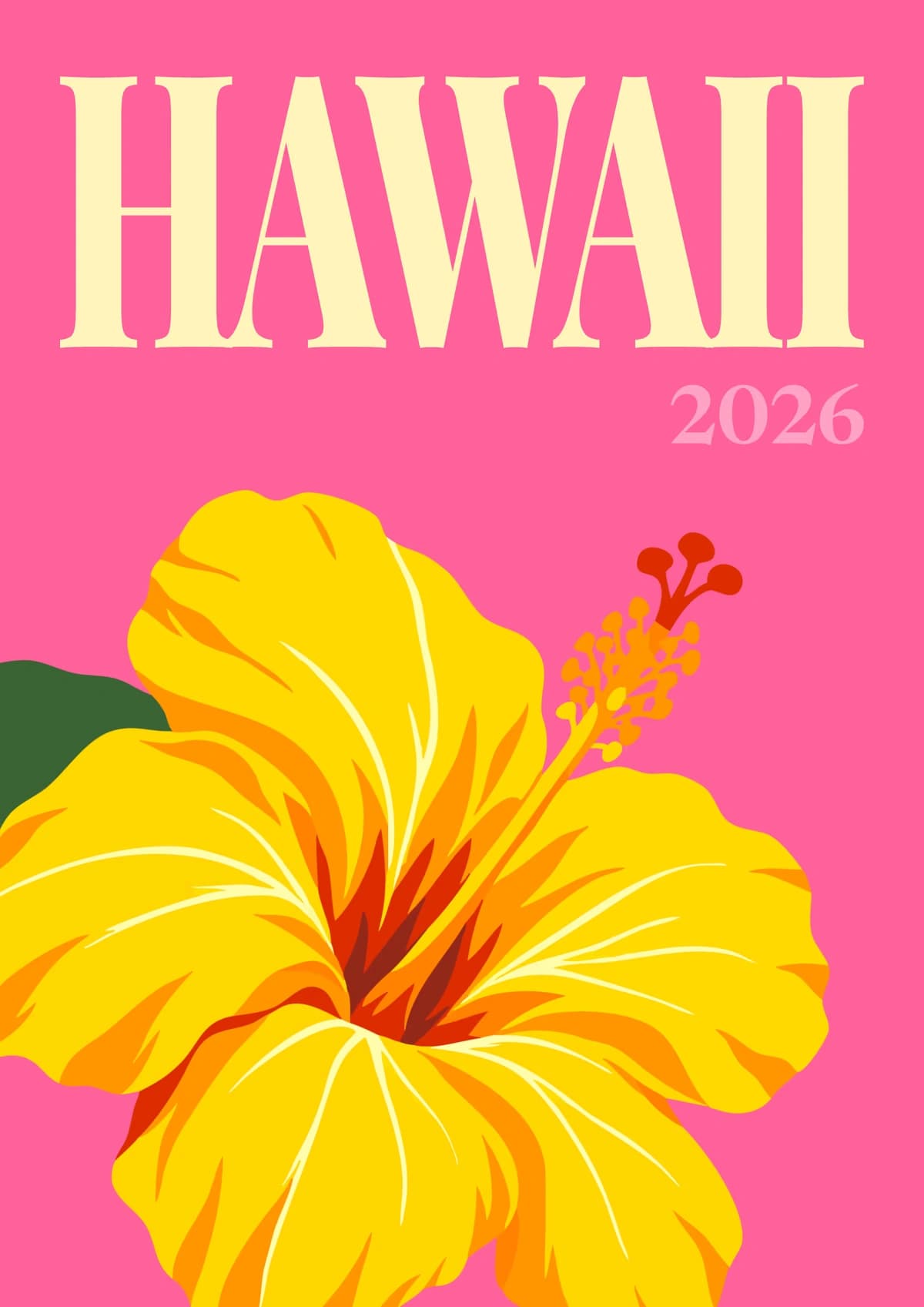 Hawaii illustrated travel photo book cover with a yellow hibiscus on pink
