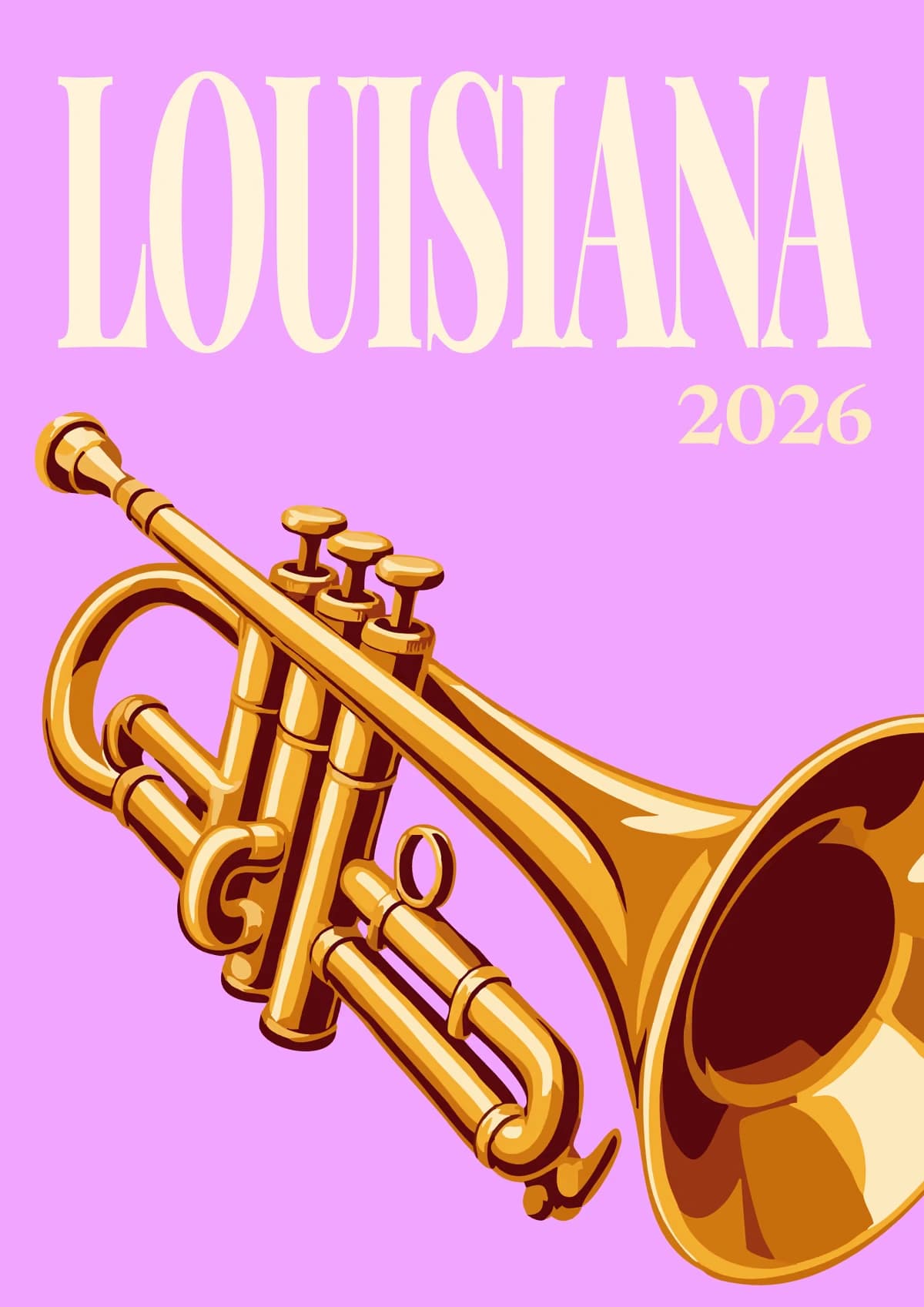 Louisiana illustrated travel photo book cover with a brass trumpet on lilac