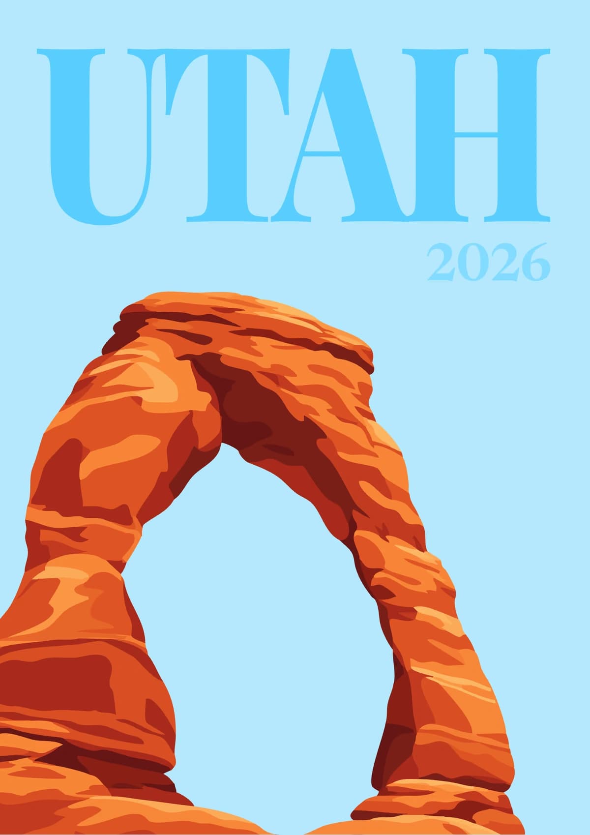 Utah illustrated travel photo book cover with a red rock arch on pale blue