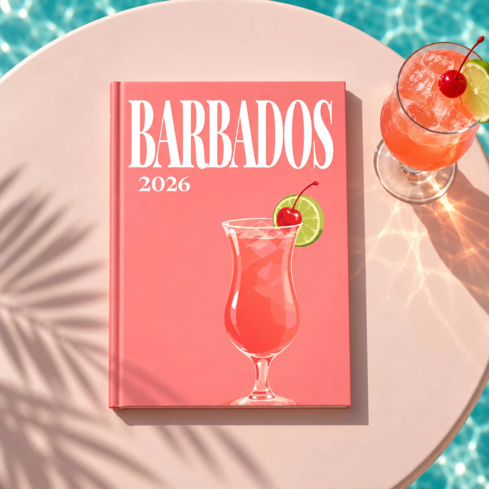 A coral Barbados travel photo book with an illustrated rum punch cover, on a pink table by a swimming pool