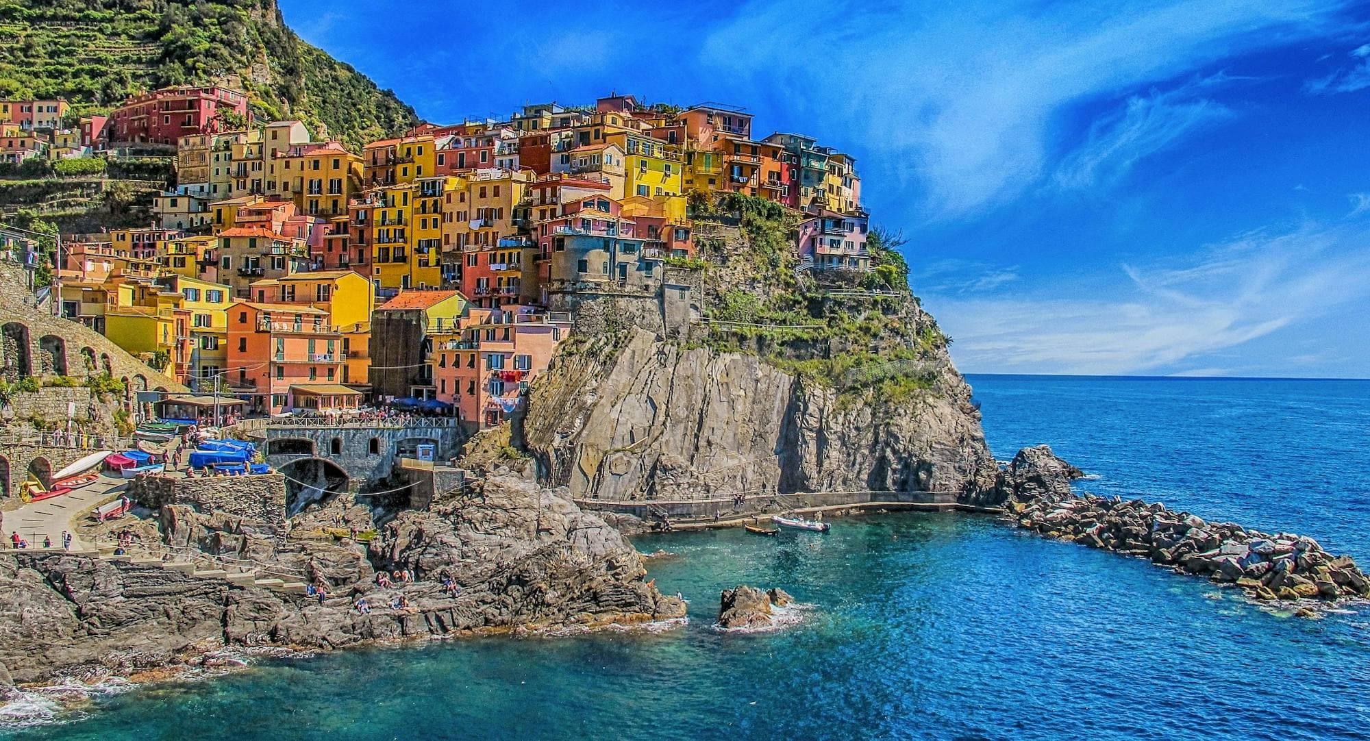 Pastel houses of Positano clinging to cliffs above the Amalfi Coast, Italy