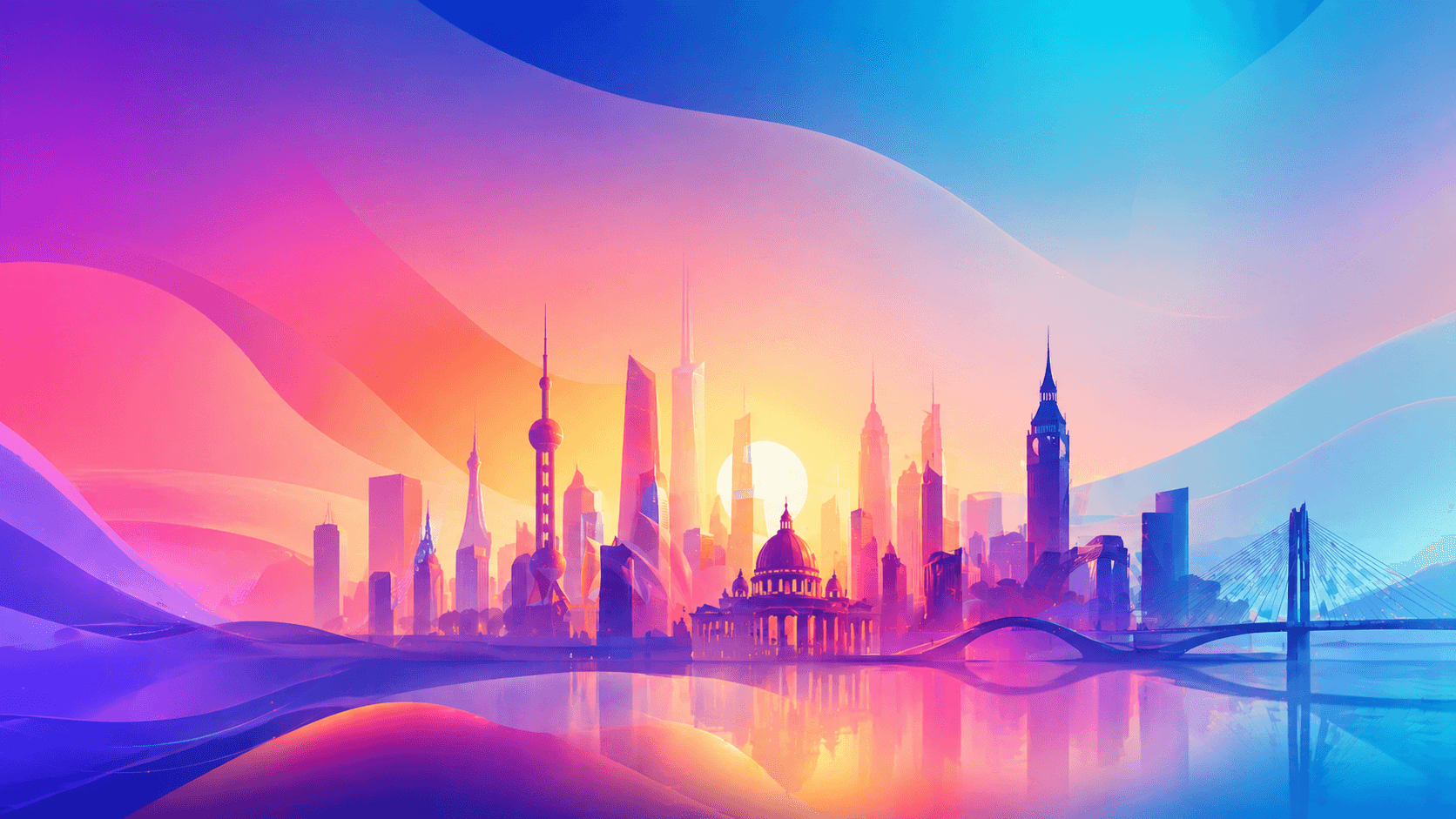 A vibrant illustration of world capital city skylines at sunset