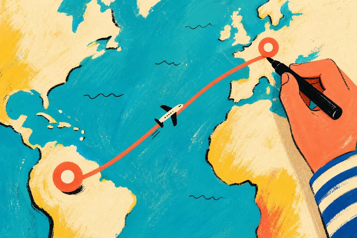 Hand drawing a multi-city flight path across a world map