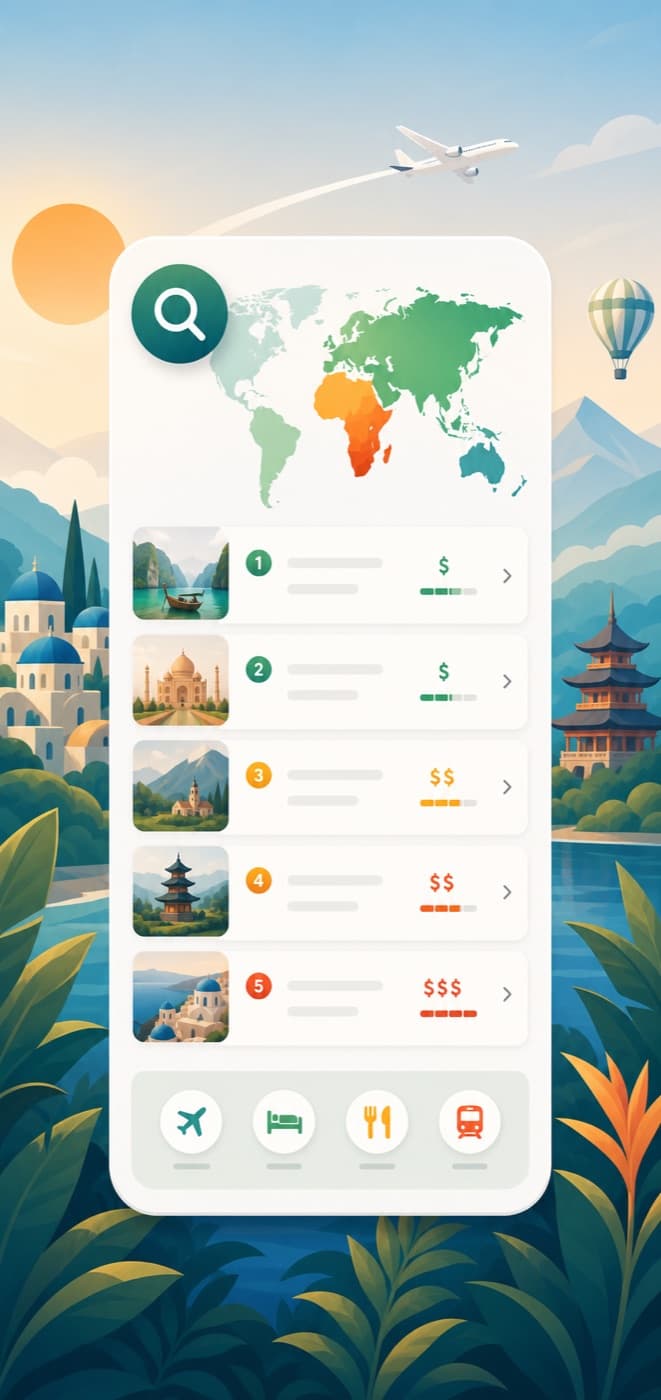 Cheap Country Finder card illustration with world map affordable destination ranking and budget symbols