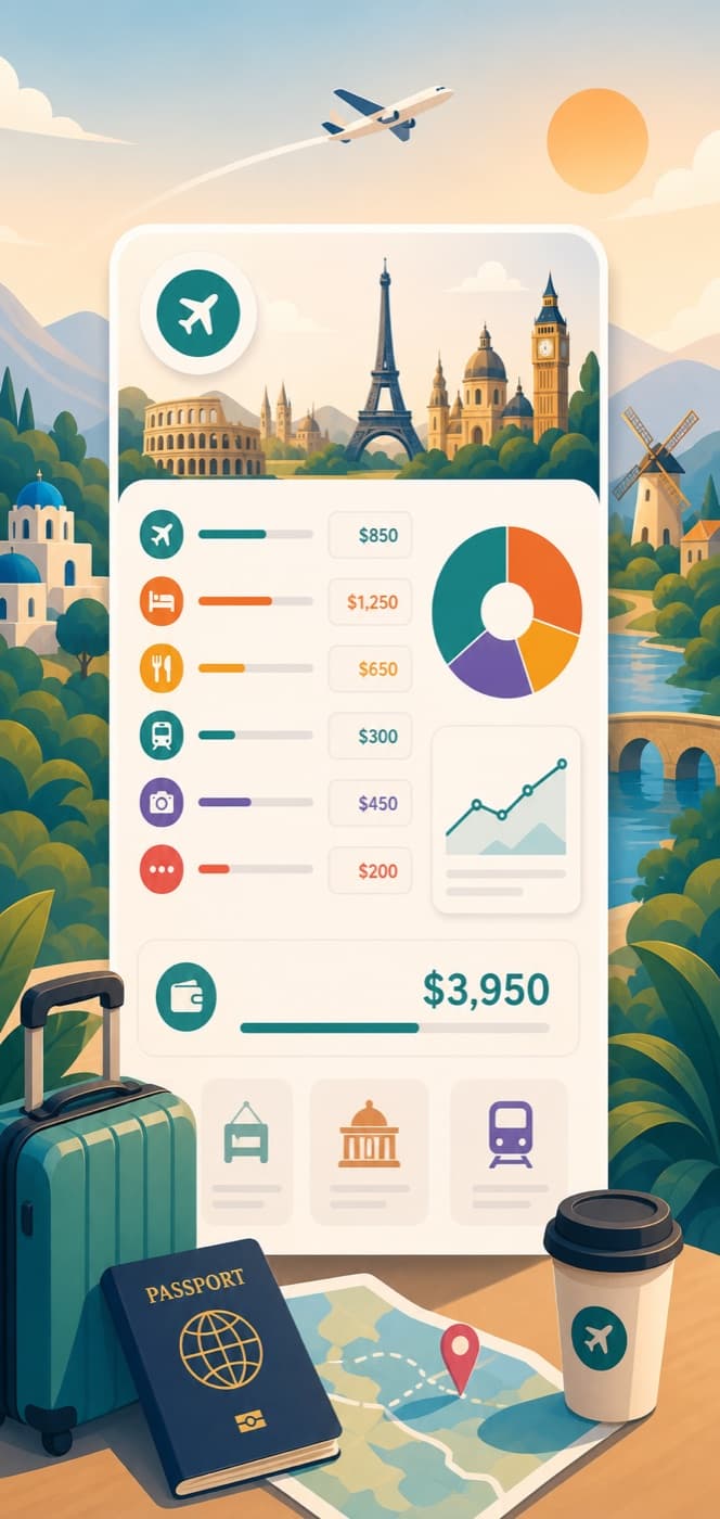 Europe Trip Cost Calculator card illustration with Europe landmarks travel costs and budget chart