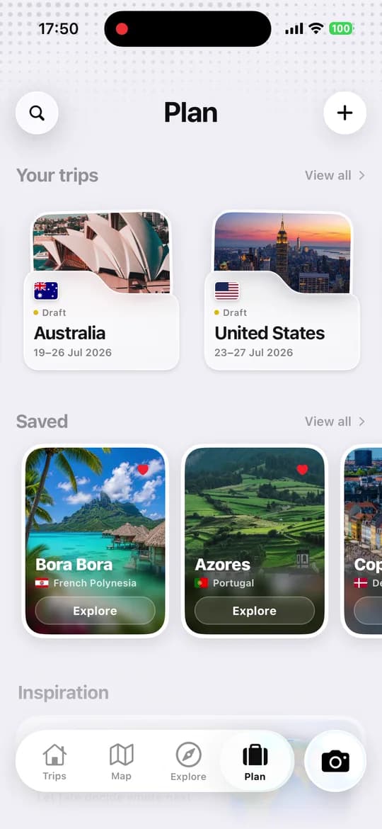 TripMemo AI travel itinerary planner showing a flexible day-by-day trip on iPhone