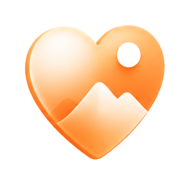 Glossy heart containing a mountain landscape