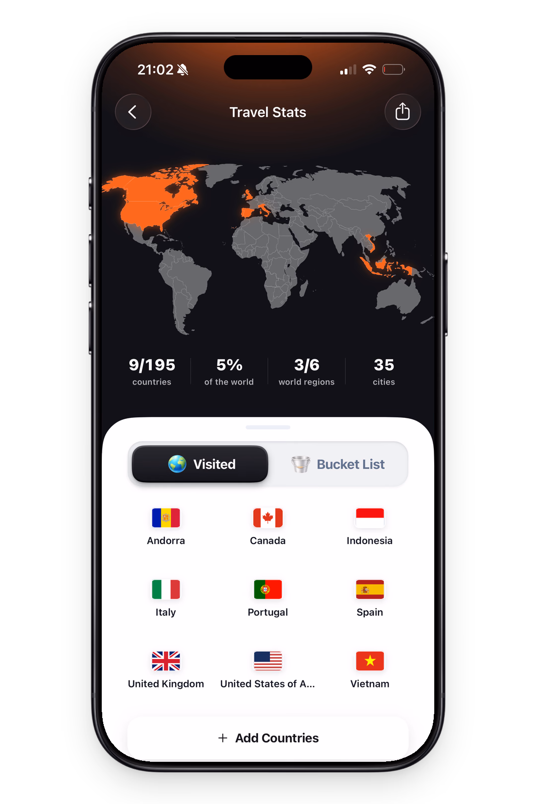 TripMemo Travel Stats showing visited countries, world regions and cities