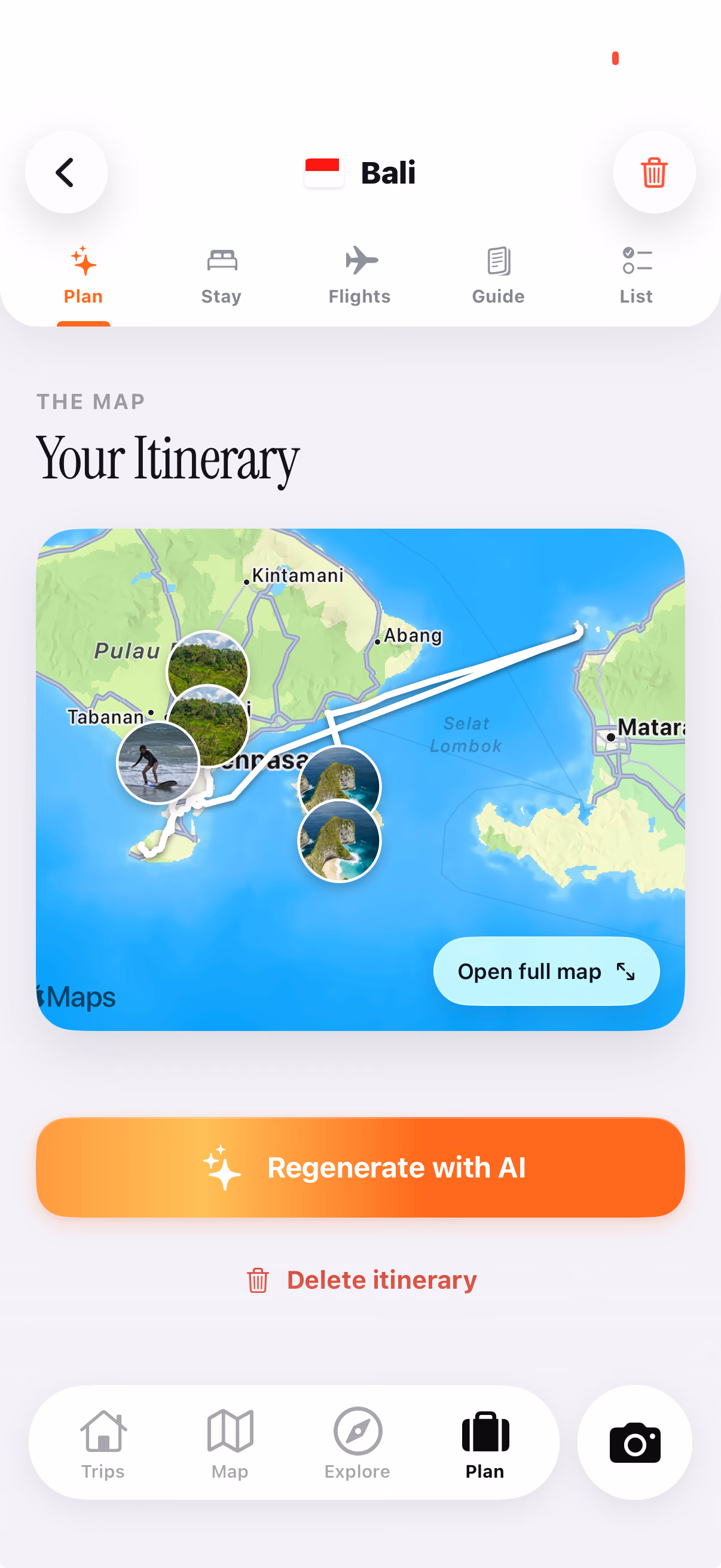TripMemo AI itinerary for Bali on iPhone with each stop pinned on an interactive map