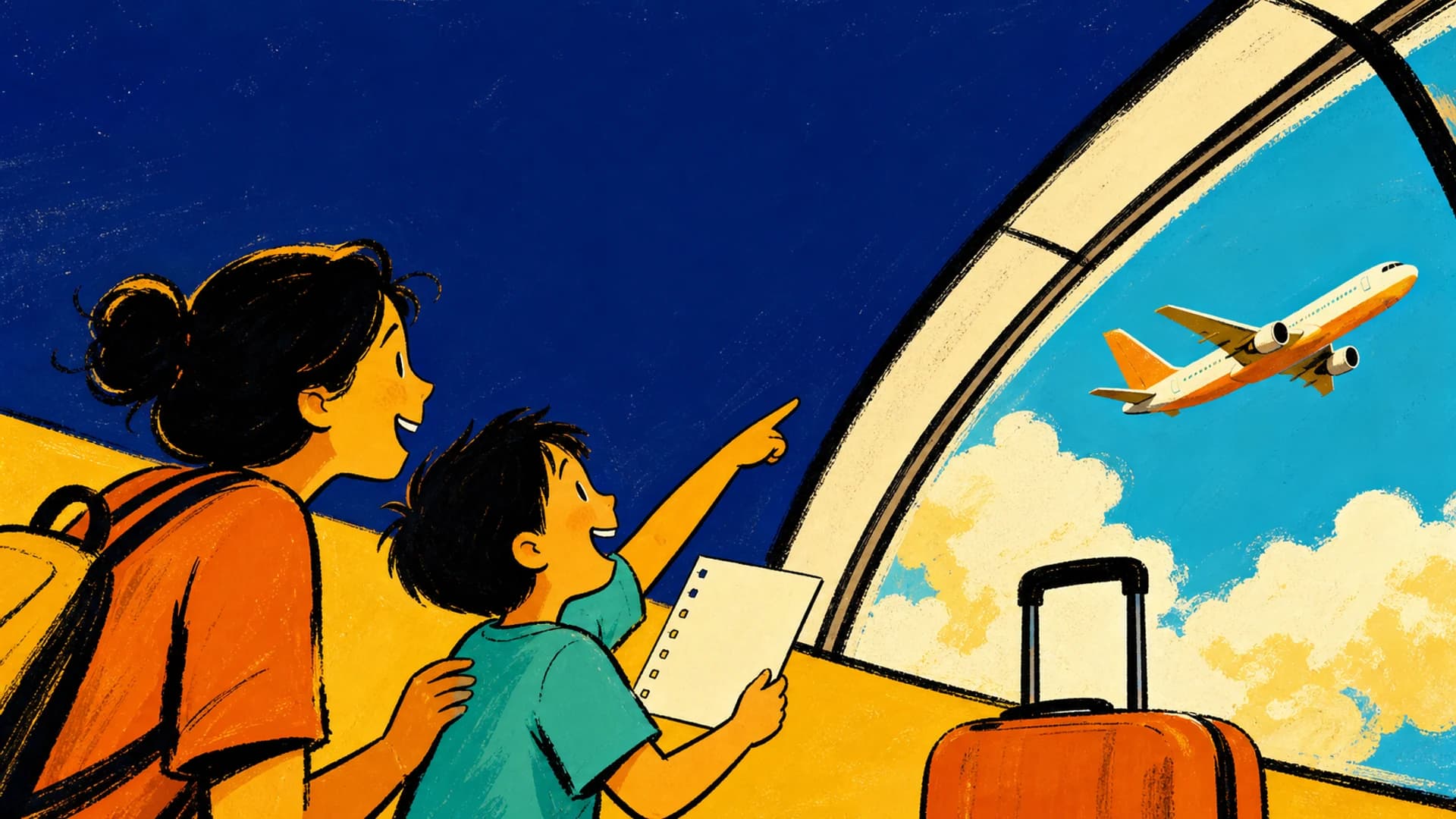 Family turning an airport wait into a playful scavenger hunt