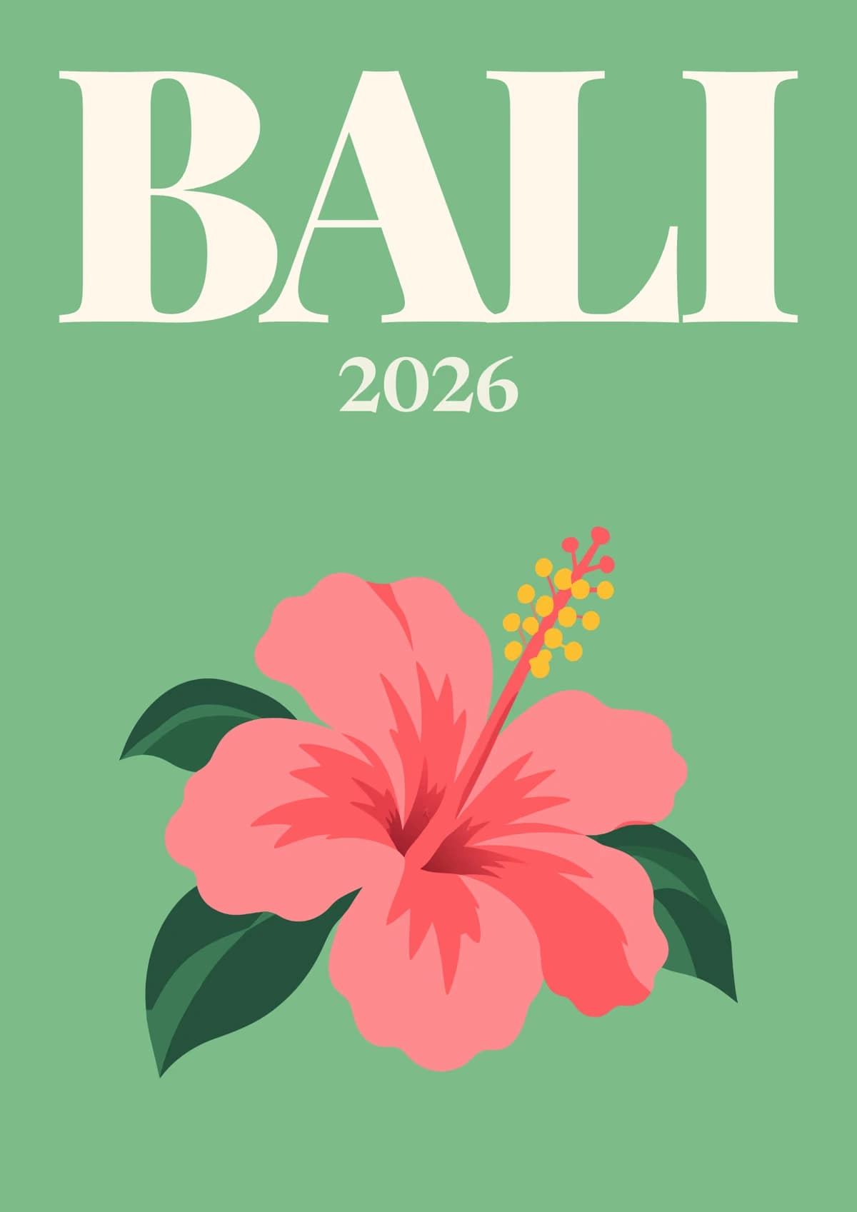 Bali illustrated travel photo book cover with a pink hibiscus flower on sage green