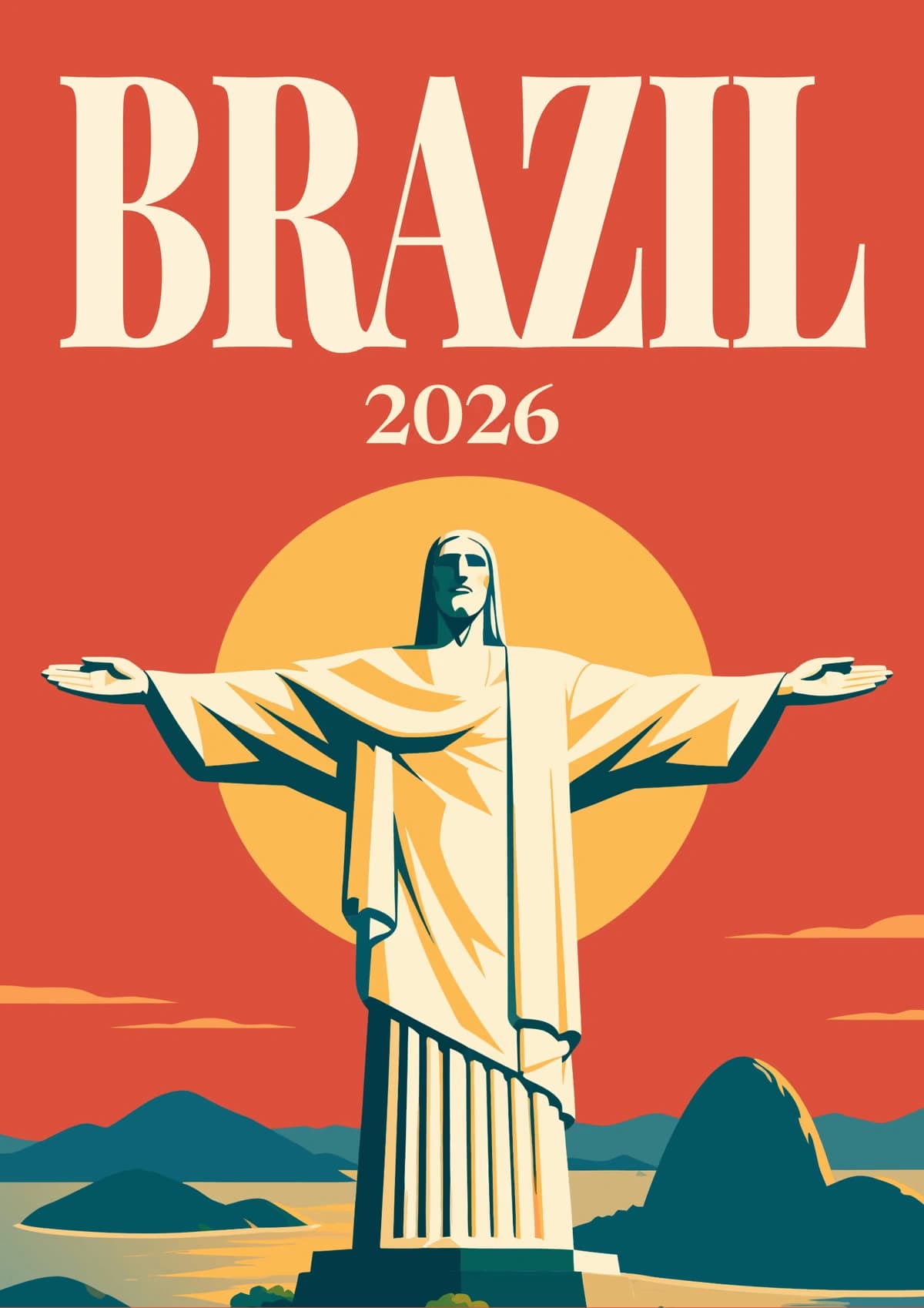 Brazil illustrated travel photo book cover with Christ the Redeemer above Rio de Janeiro's bay at sunset on red-orange