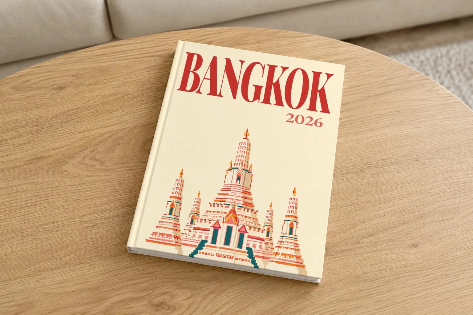 Bangkok hardcover photo book with the illustrated cover of the Wat Arun, on a round oak coffee table in a bright living room