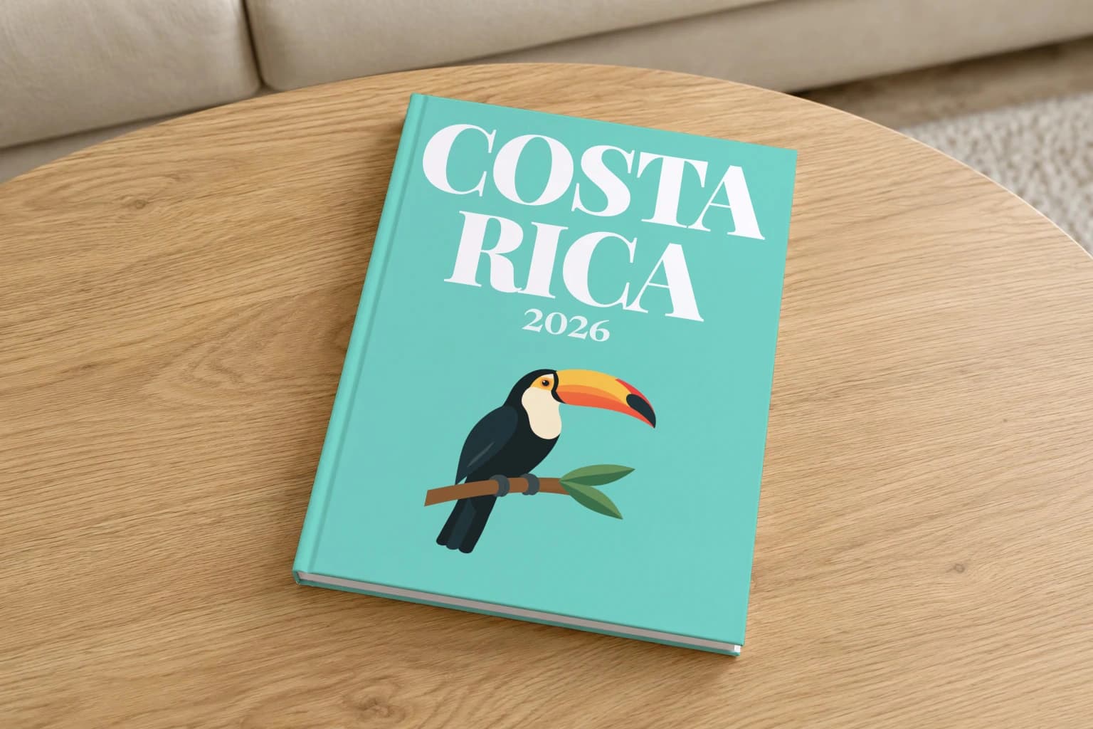 Costa Rica hardcover photo book with the illustrated cover of the toucan on a branch, on a round oak coffee table in a bright living room