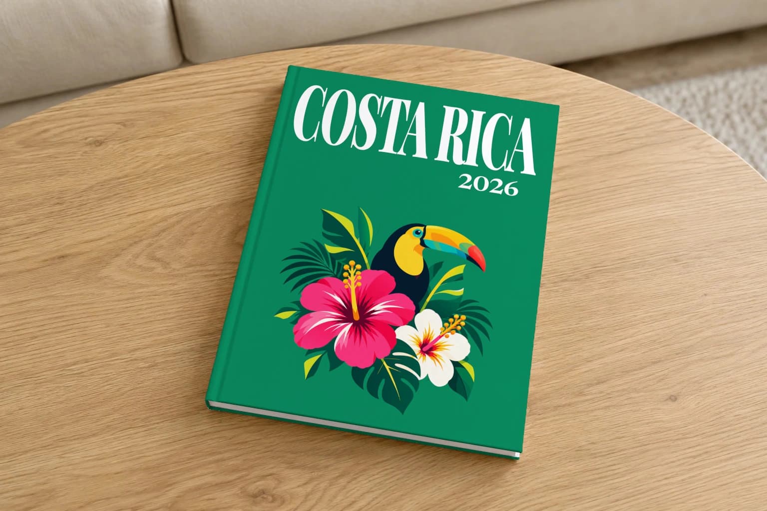 Costa Rica hardcover photo book with the illustrated cover of the toucan and hibiscus, on a round oak coffee table in a bright living room