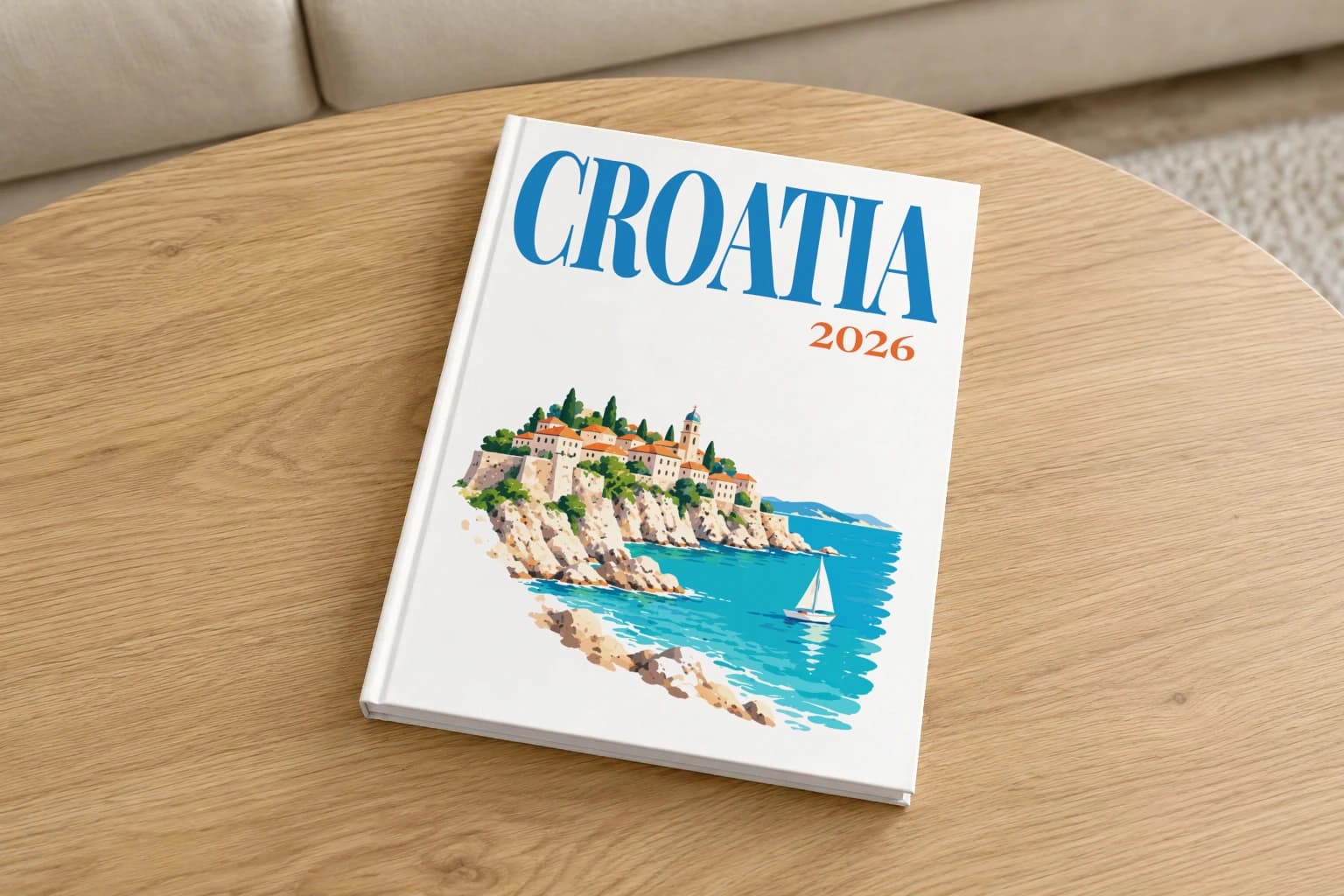 Croatia hardcover photo book with the illustrated cover of the Adriatic cliff town, on a round oak coffee table in a bright living room