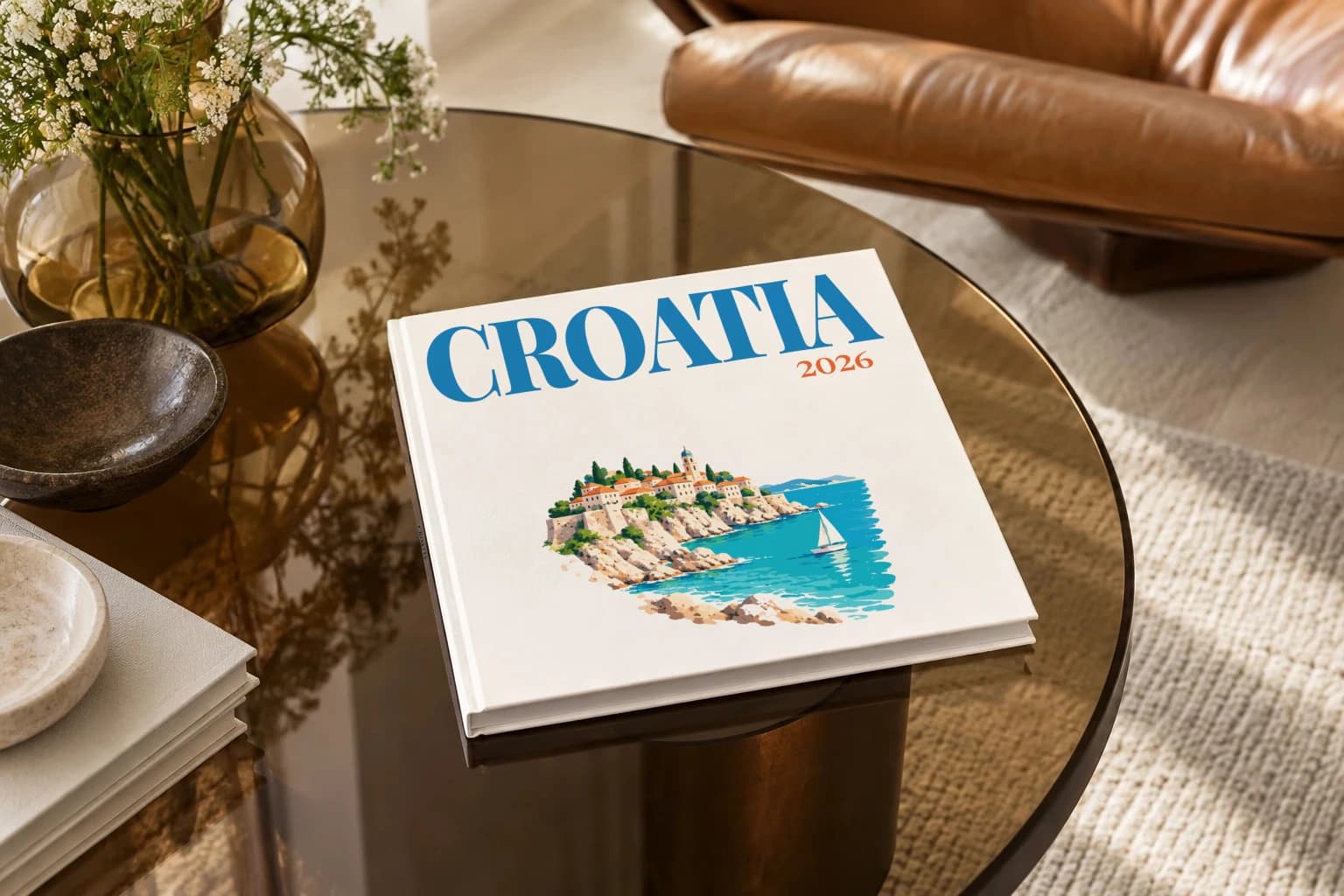 Croatia square hardcover photo book with the illustrated cover of the Adriatic cliff town, on a smoked glass coffee table beside a leather armchair in warm afternoon light