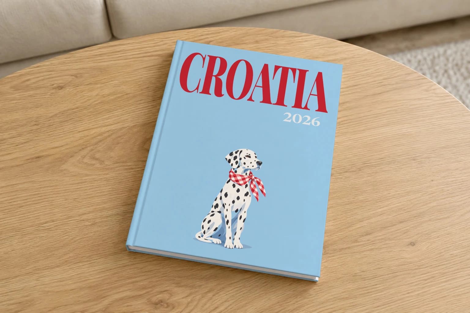 Croatia hardcover photo book with the illustrated cover of the dalmatian, on a round oak coffee table in a bright living room