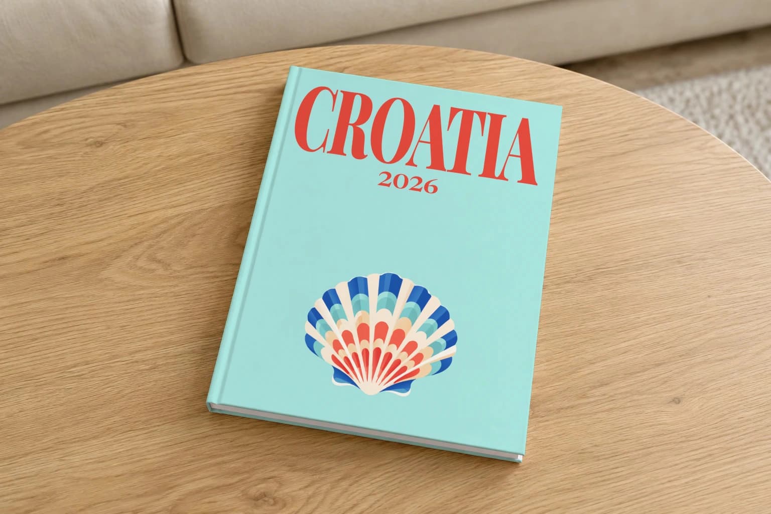 Croatia hardcover photo book with the illustrated cover of the shell, on a round oak coffee table in a bright living room