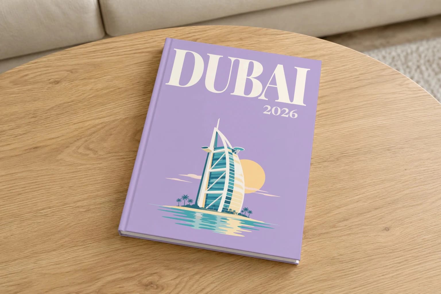 Dubai hardcover photo book with the illustrated cover of the Burj Al Arab artwork in lavender, on a round oak coffee table in a bright living room