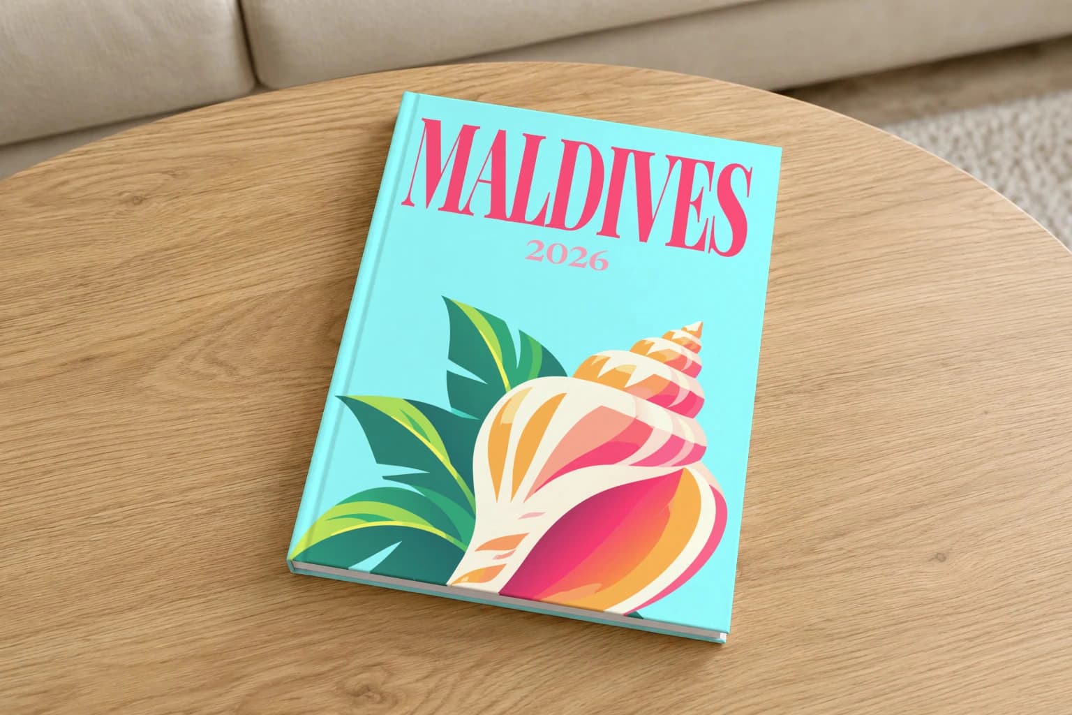 Maldives hardcover photo book with the illustrated cover of the conch shell, on a round oak coffee table in a bright living room