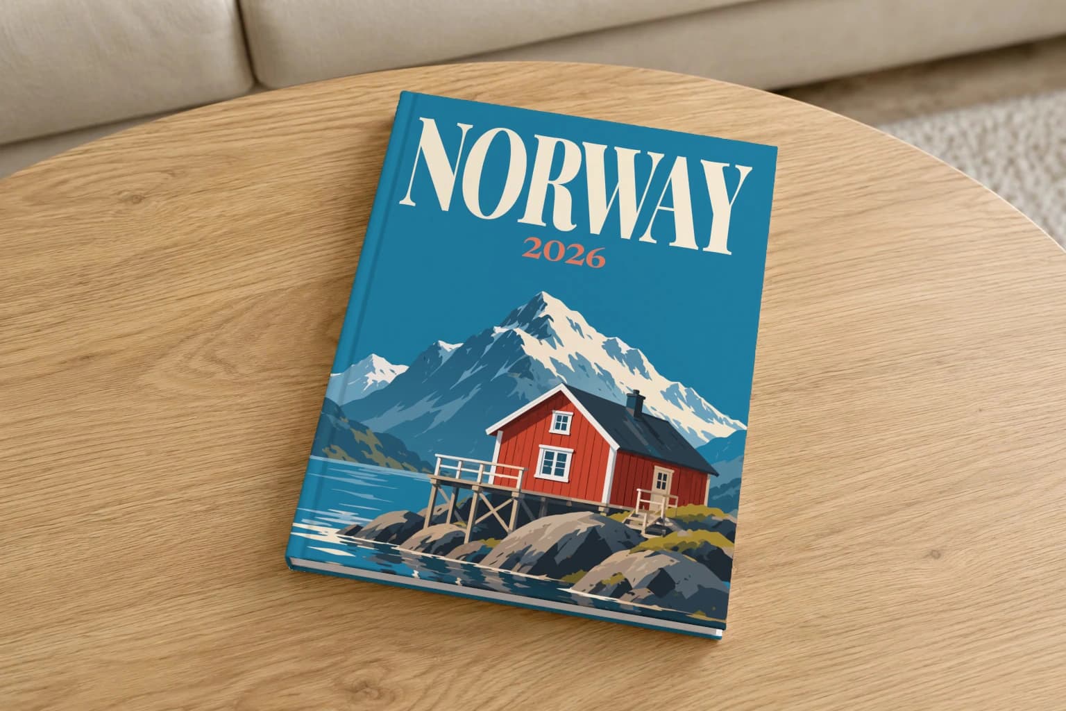 Norway hardcover photo book with the illustrated cover of the rorbu cabin, on a round oak coffee table in a bright living room