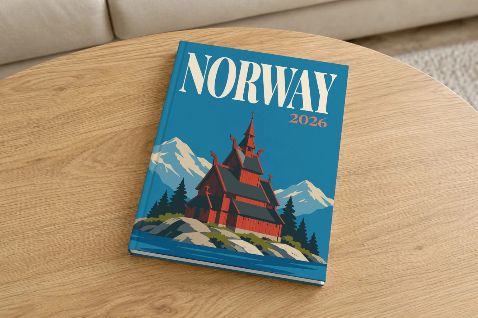 Norway hardcover photo book with the illustrated cover of the stave church, on a round oak coffee table in a bright living room