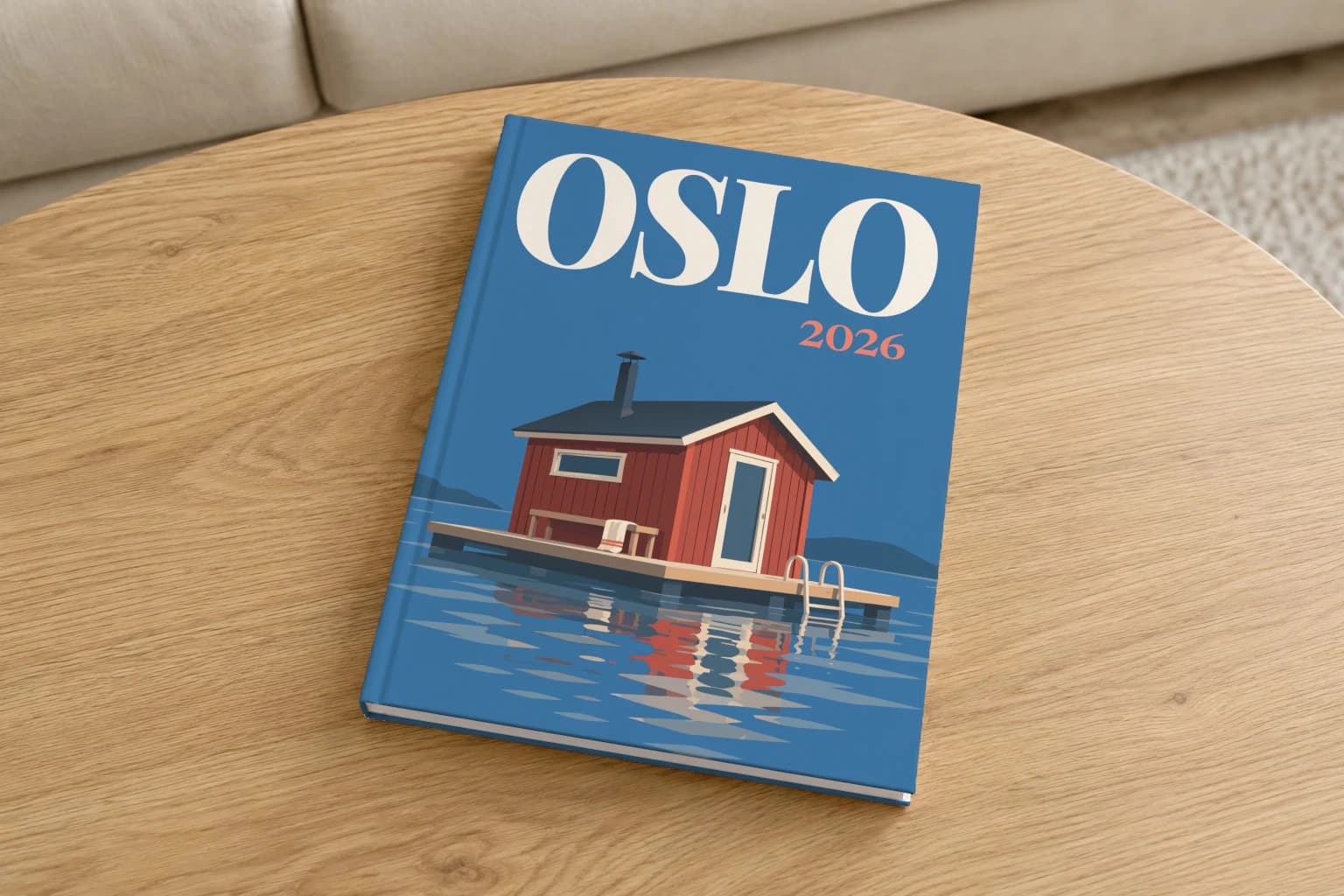 Oslo hardcover photo book with the illustrated cover of the floating sauna, on a round oak coffee table in a bright living room