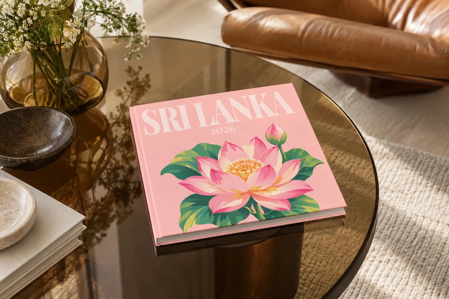 Sri Lanka square hardcover photo book with the illustrated cover of the lotus, on a smoked glass coffee table beside a leather armchair in warm afternoon light