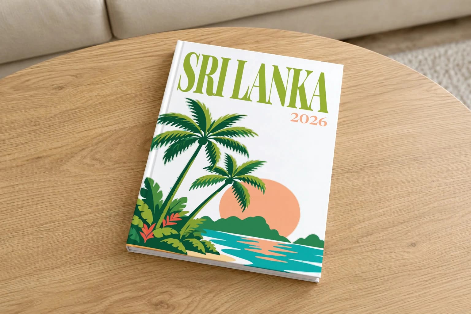 Sri Lanka hardcover photo book with the illustrated cover of the palm beach, on a round oak coffee table in a bright living room