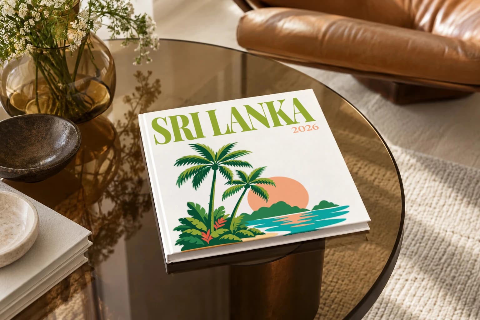 Sri Lanka square hardcover photo book with the illustrated cover of the palm beach, on a smoked glass coffee table beside a leather armchair in warm afternoon light