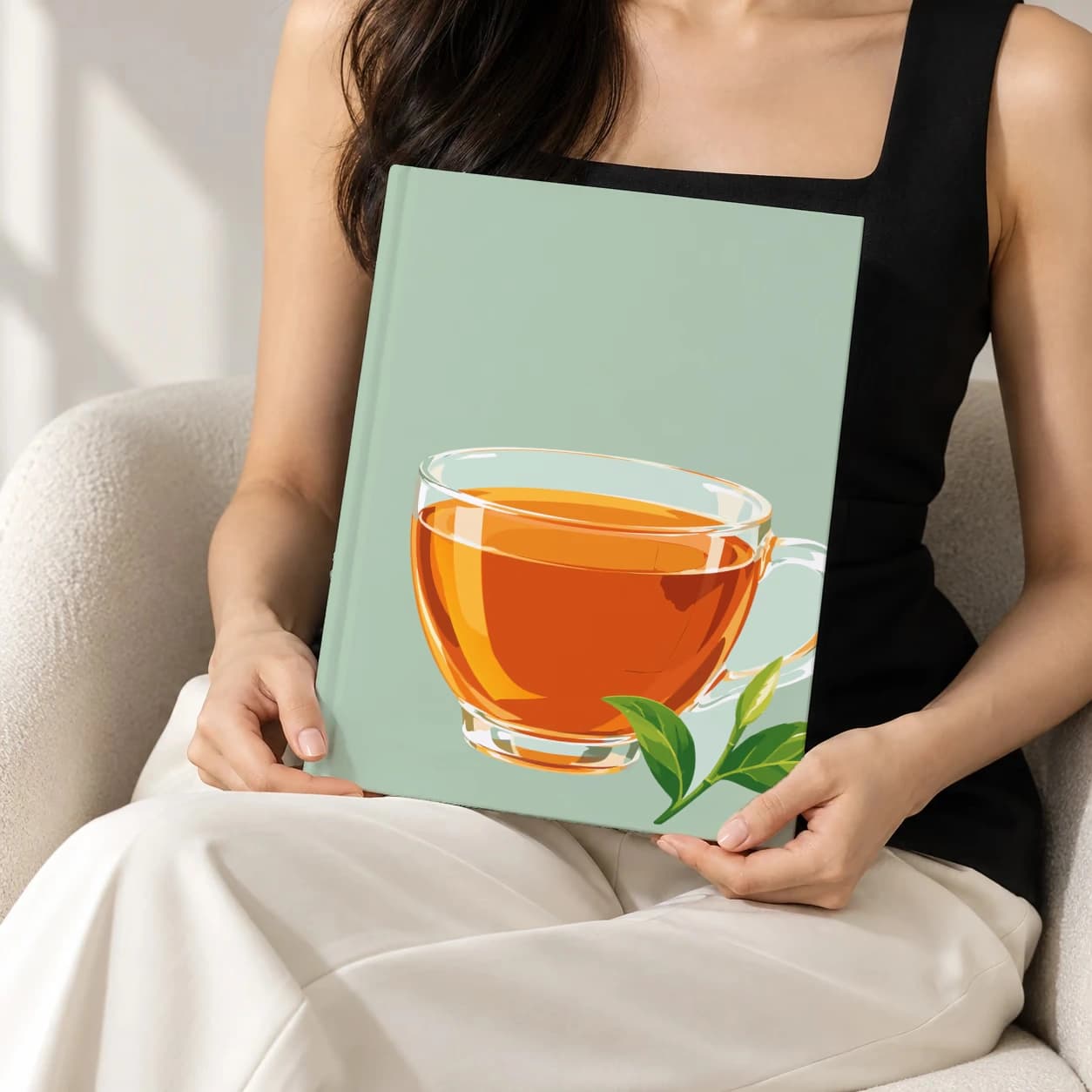 Sri Lanka hardcover photo book with the illustrated cover of the Ceylon tea, held upright in two hands by a woman in a black top, sitting in a cream boucle armchair