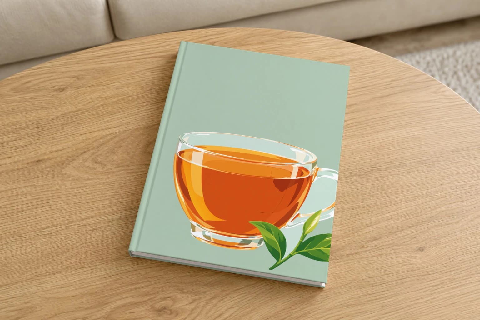 Sri Lanka hardcover photo book with the illustrated cover of the Ceylon tea, on a round oak coffee table in a bright living room