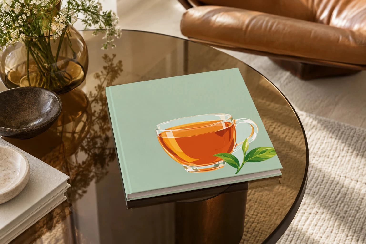 Sri Lanka square hardcover photo book with the illustrated cover of the Ceylon tea, on a smoked glass coffee table beside a leather armchair in warm afternoon light