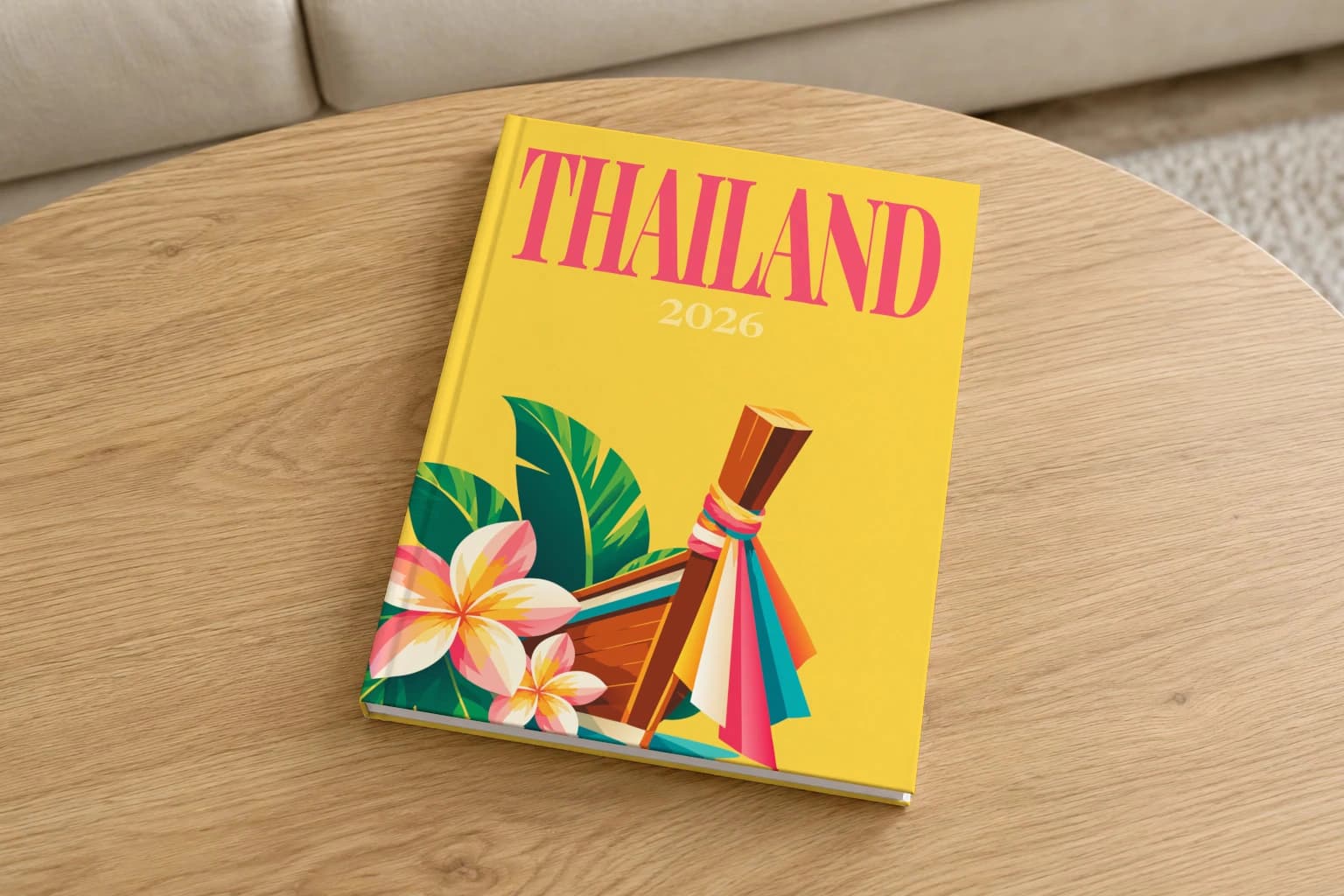 Thailand hardcover photo book with the illustrated cover of the longtail boat, on a round oak coffee table in a bright living room