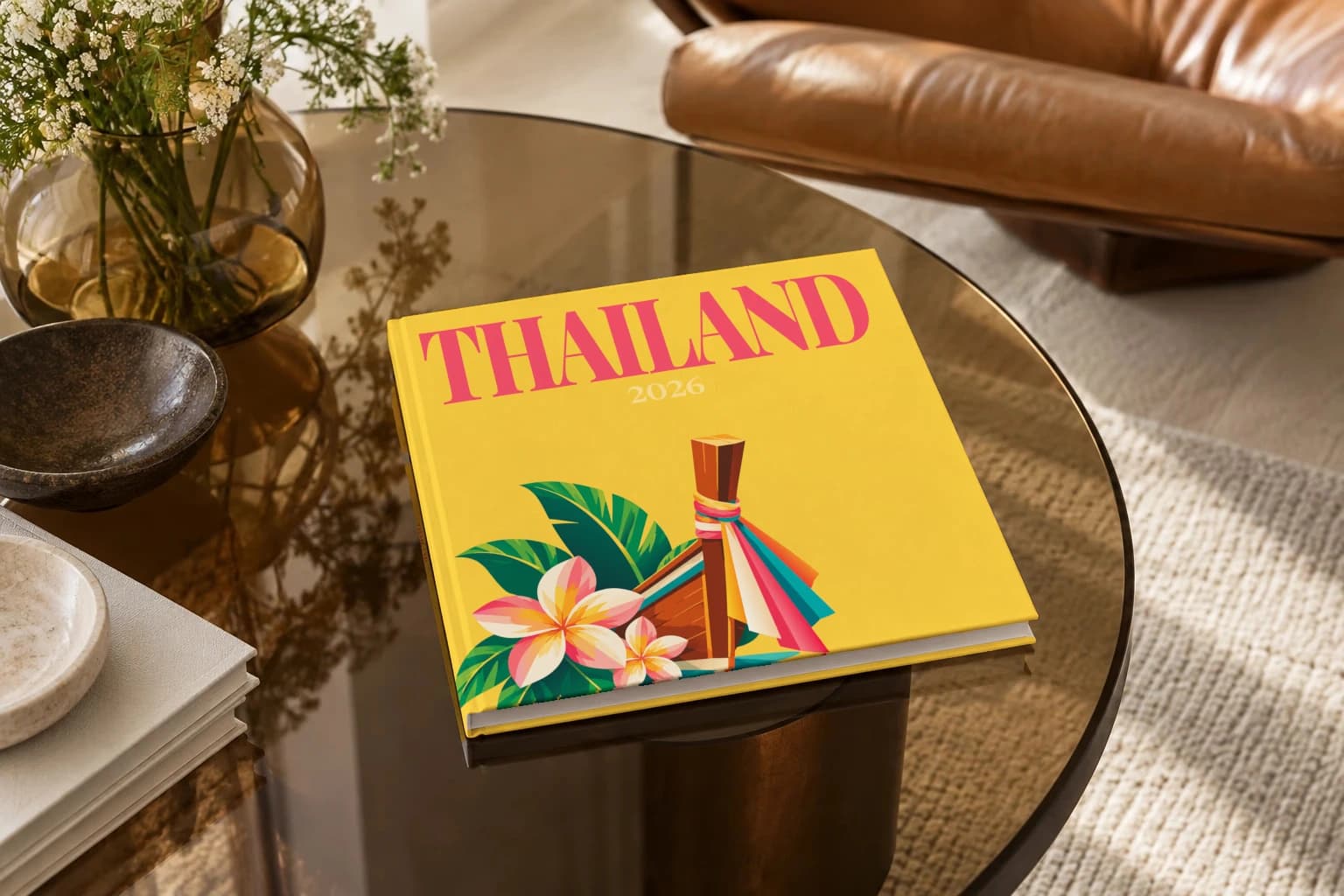 Thailand square hardcover photo book with the illustrated cover of the longtail boat, on a smoked glass coffee table beside a leather armchair in warm afternoon light