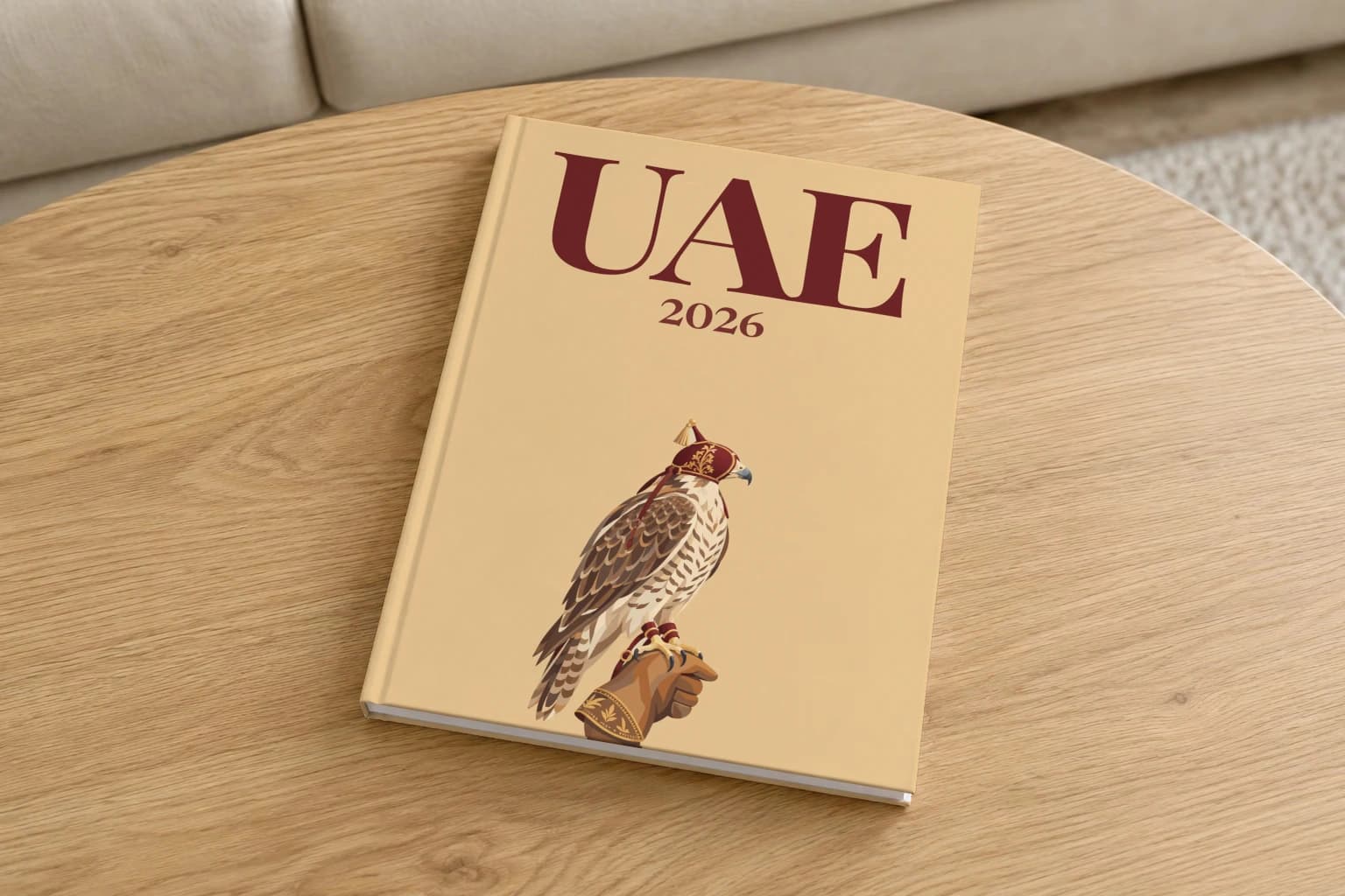 United Arab Emirates hardcover photo book with the UAE illustrated cover of the Emirati falcon, on a round oak coffee table in a bright living room