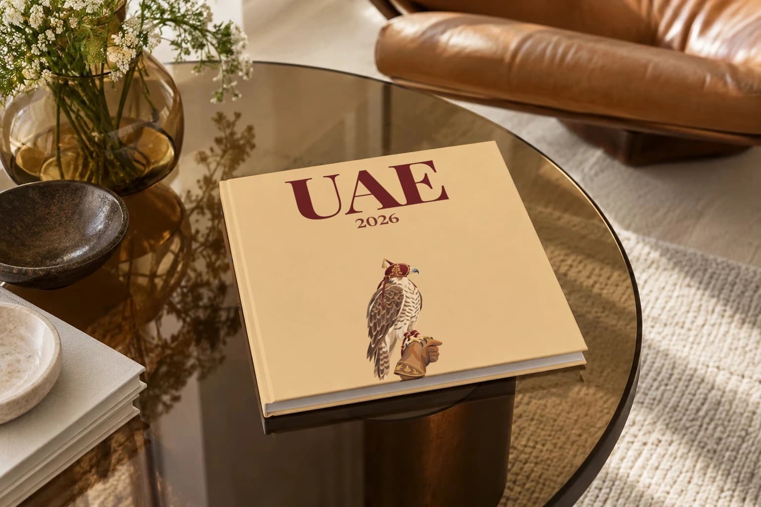United Arab Emirates square hardcover photo book with the UAE illustrated cover of the Emirati falcon, on a smoked glass coffee table beside a leather armchair in warm afternoon light