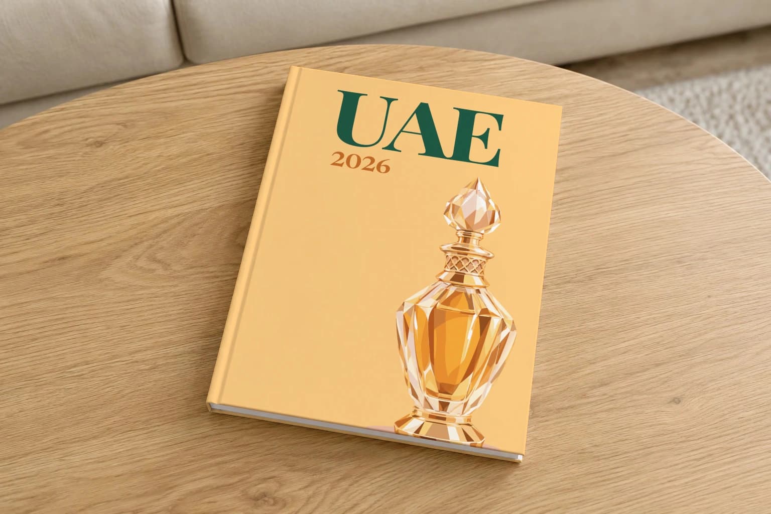 United Arab Emirates hardcover photo book with the UAE illustrated cover of the oud perfume, on a round oak coffee table in a bright living room