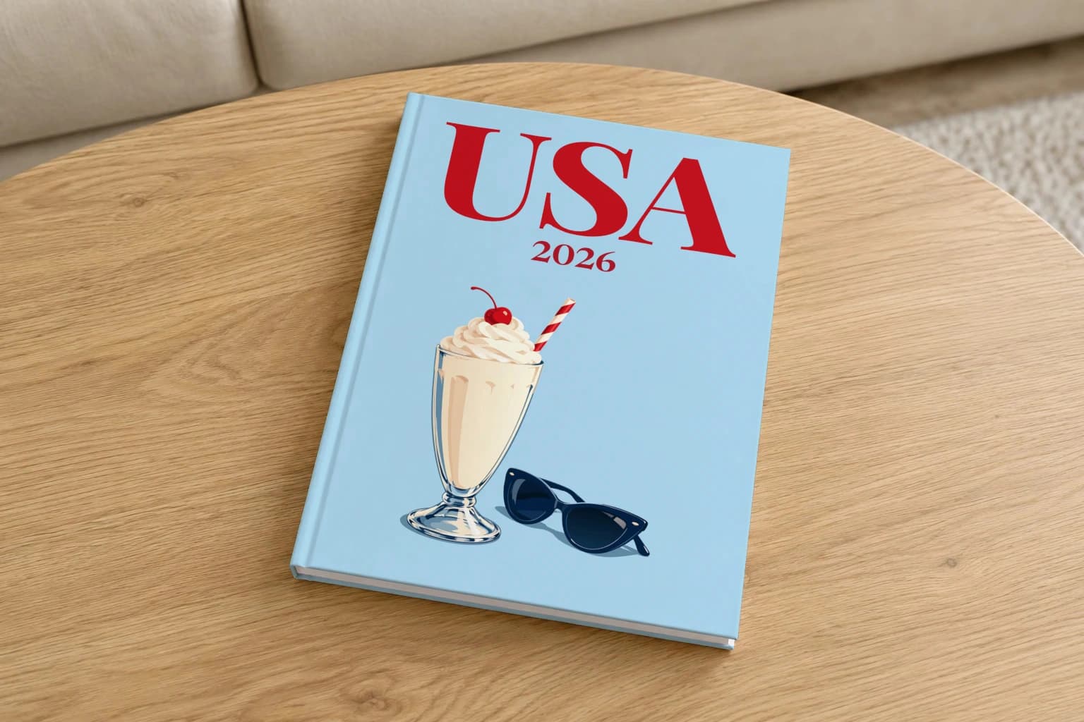 United States hardcover photo book with the USA illustrated cover of the milkshake and sunglasses, on a round oak coffee table in a bright living room